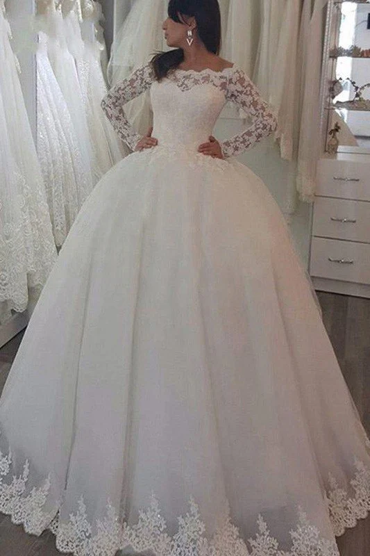 Sweep Train Applique Ball Gown Off the Shoulder Lace Long Sleevess Wedding Dresses - Image 2