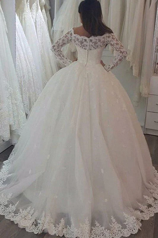 Sweep Train Applique Ball Gown Off the Shoulder Lace Long Sleevess Wedding Dresses - Image 3