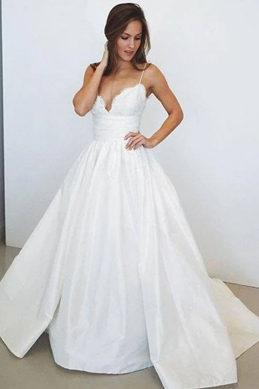 Sweep Train Ball Gown Sleeveless Ruched Satin Spaghetti Straps Wedding Dresses - Image 2