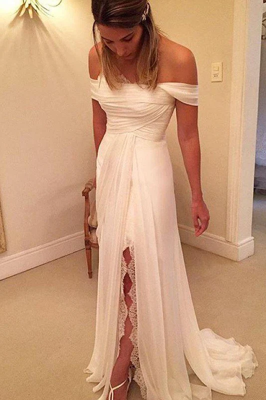 Sweep Train Chiffon A Line Ruffless Off the Shoulder Sleeveless Wedding Dresses - Image 2