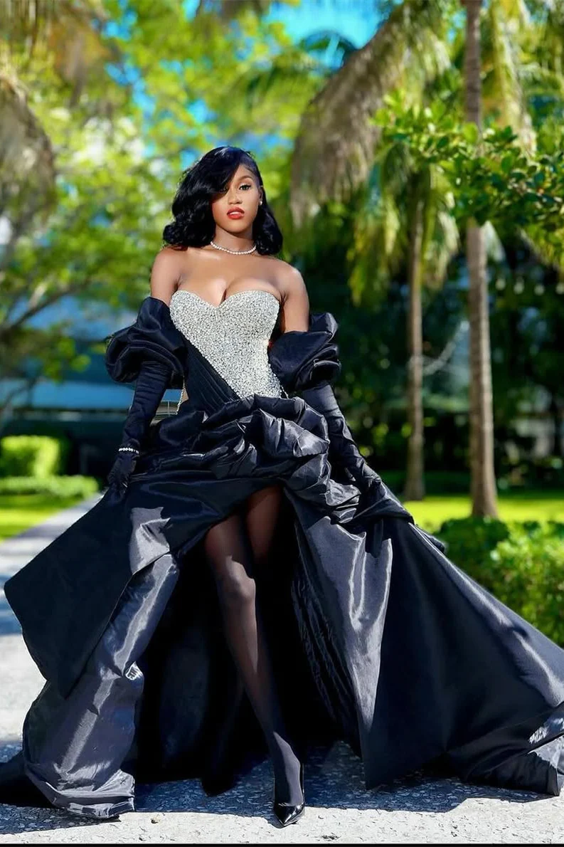 Sweetheart Ball Gown Black Puffy Silver Beaded Prom Dresses - Image 2