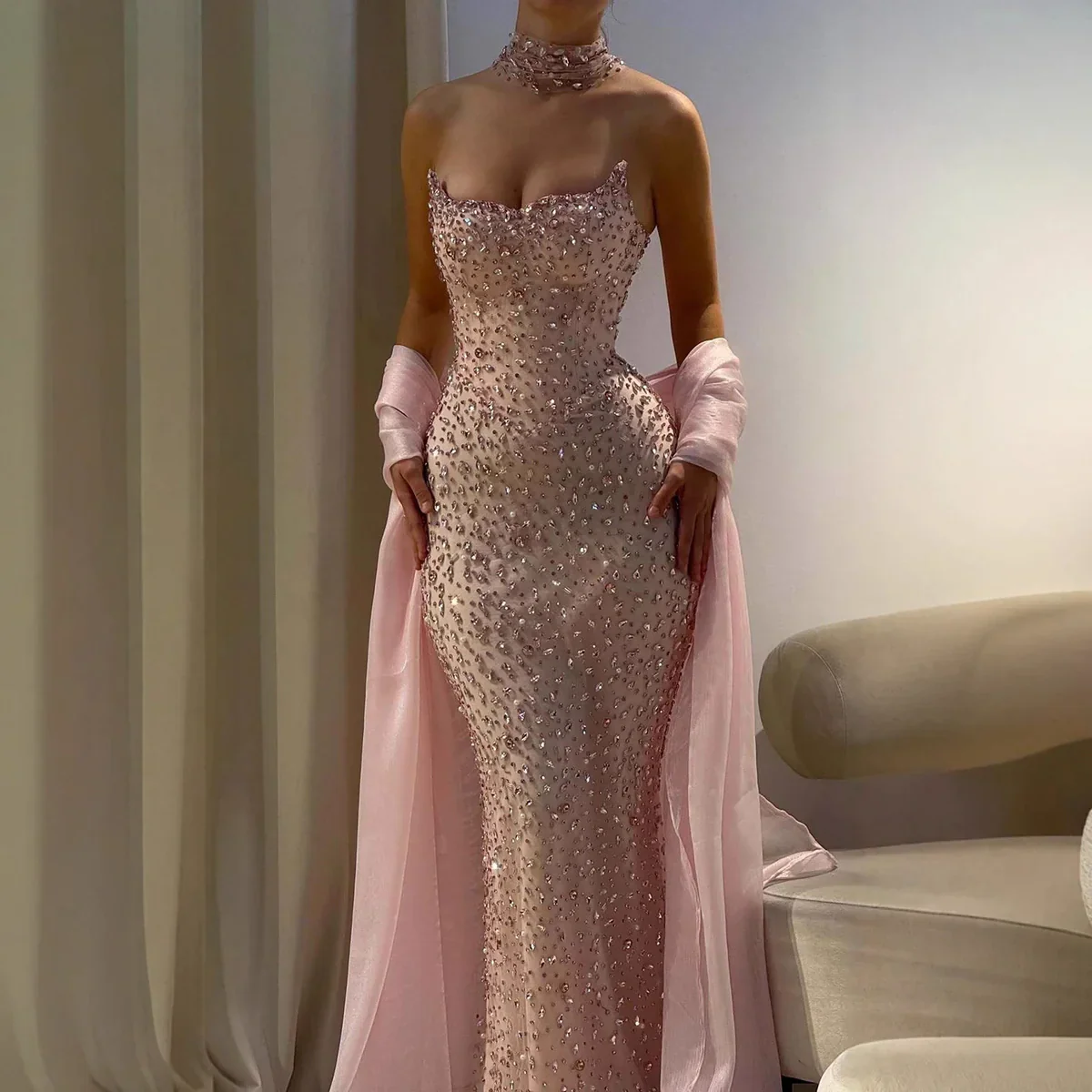 Sweetheart Blushing Pink Mermaid Sparkle Gems Shawl Floor Length Prom Dresses - Image 3