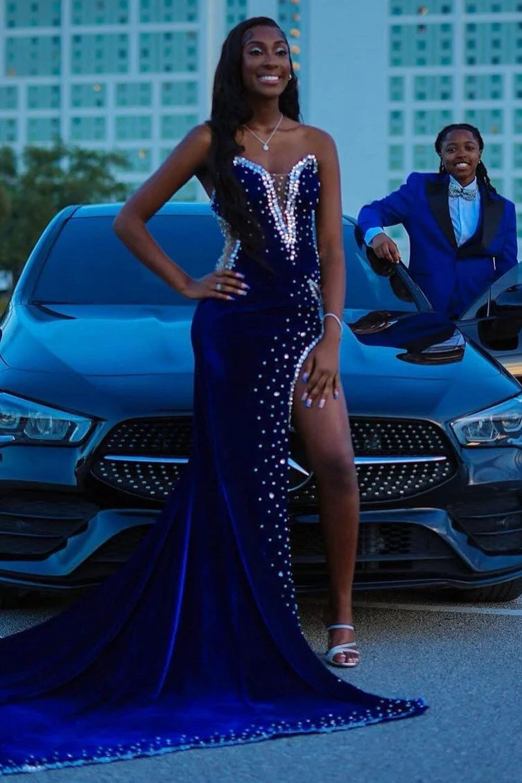 Sweetheart Chapel Train Mermaid Beads Front Side Prom Dress - Image 3