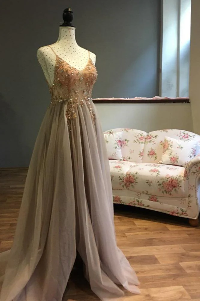 Sweetheart Crystal Prom Dresses Straps Spaghetti Tulle Evening Gown Split Side - Image 11