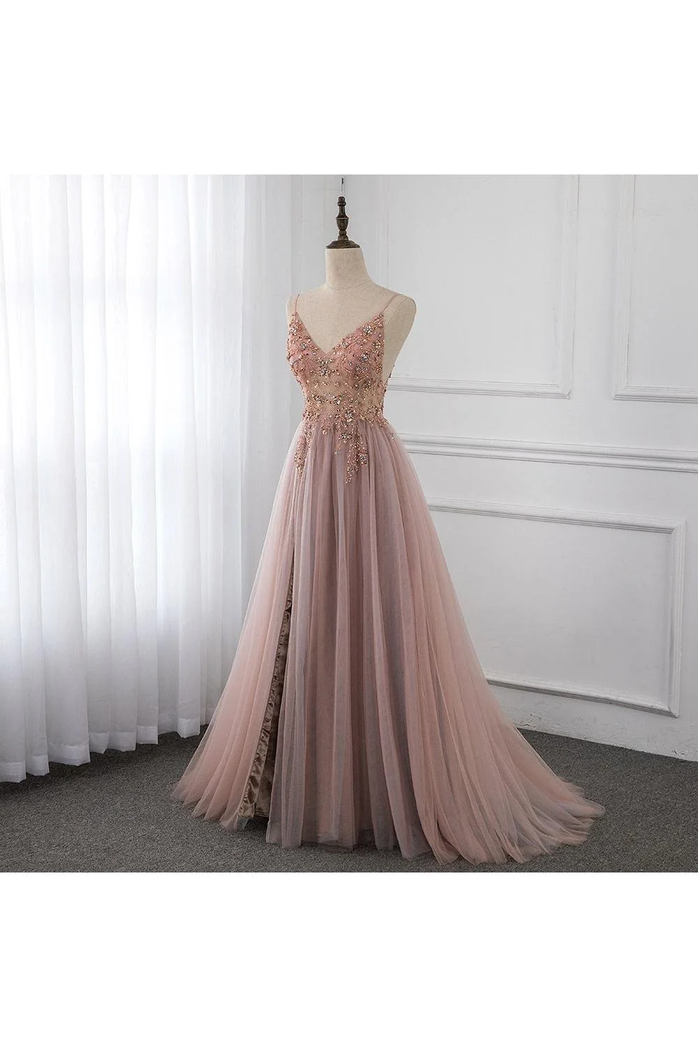 Sweetheart Crystal Prom Dresses Straps Spaghetti Tulle Evening Gown Split Side - Image 2