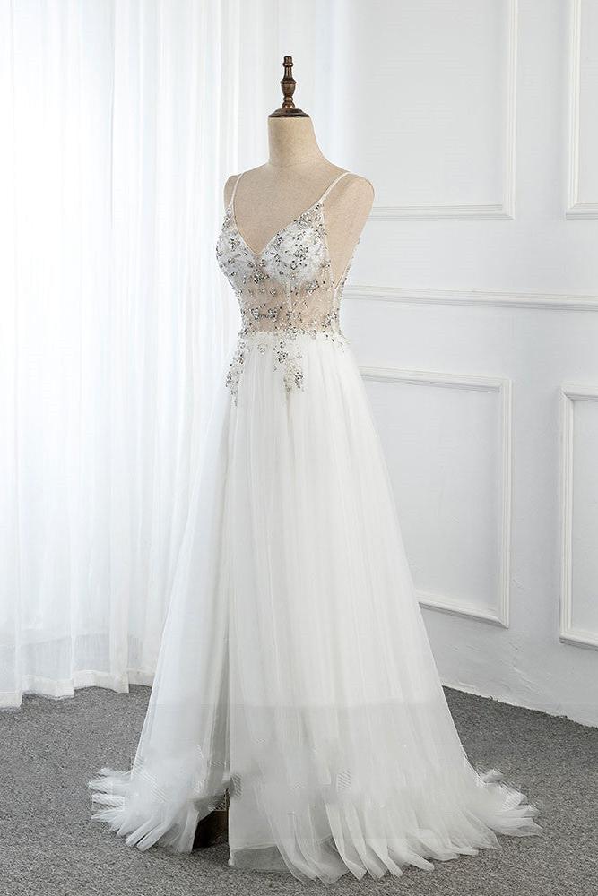 Sweetheart Crystal Prom Dresses Straps Spaghetti Tulle Evening Gown Split Side - Image 3