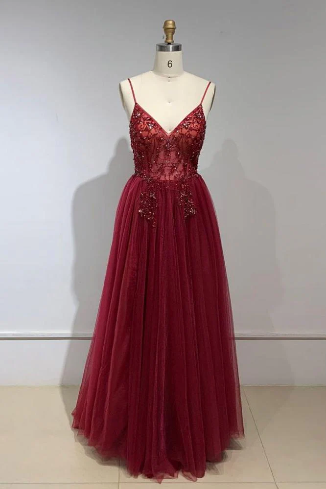 Sweetheart Crystal Prom Dresses Straps Spaghetti Tulle Evening Gown Split Side - Image 4