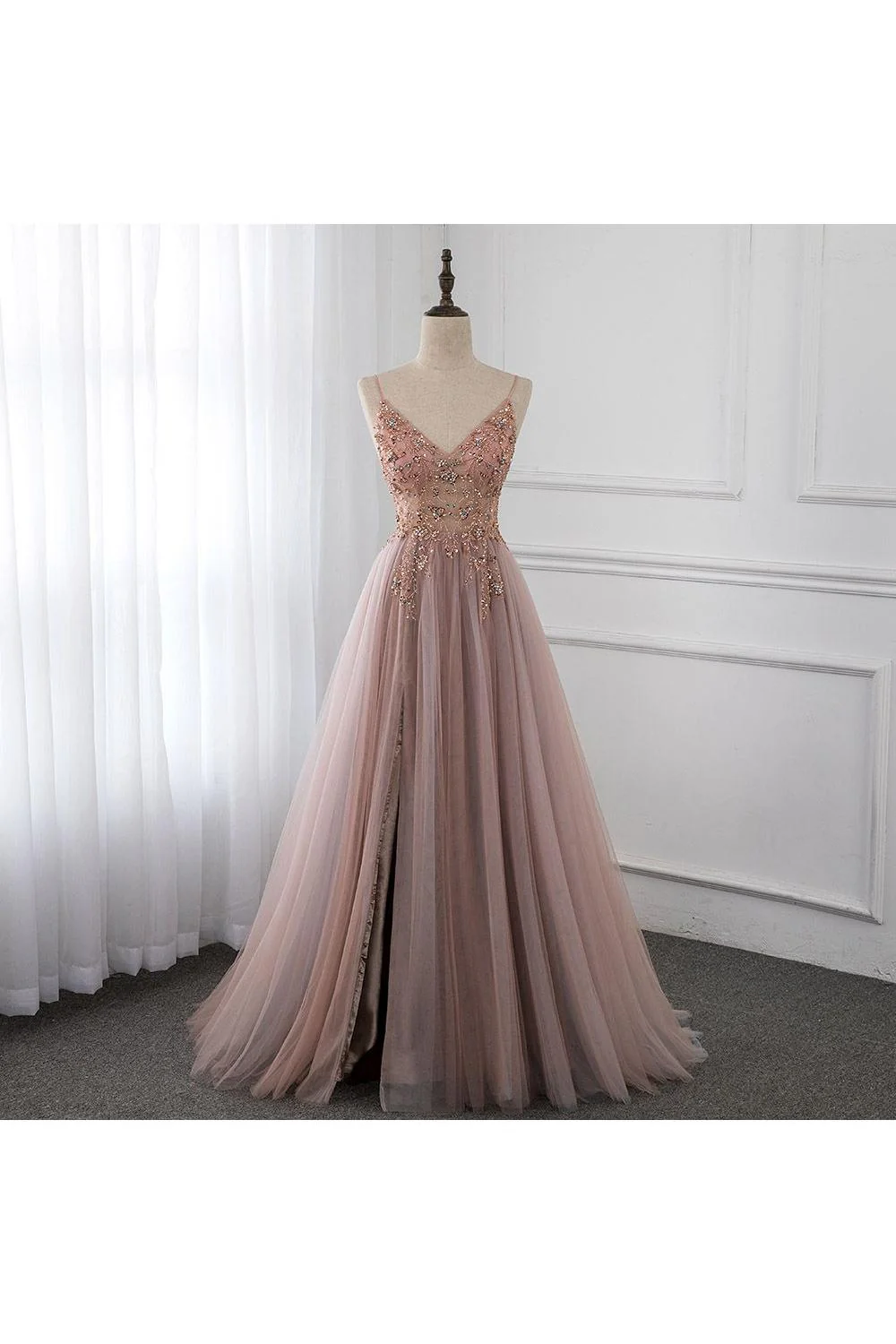 Sweetheart Crystal Prom Dresses Straps Spaghetti Tulle Evening Gown Split Side - Image 6