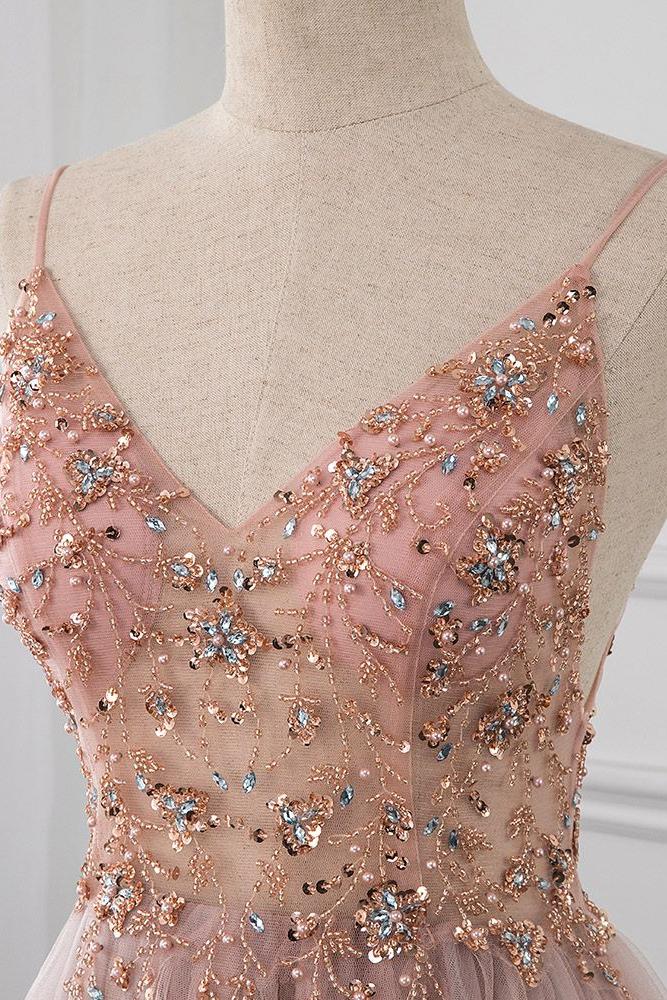 Sweetheart Crystal Prom Dresses Straps Spaghetti Tulle Evening Gown Split Side - Image 8