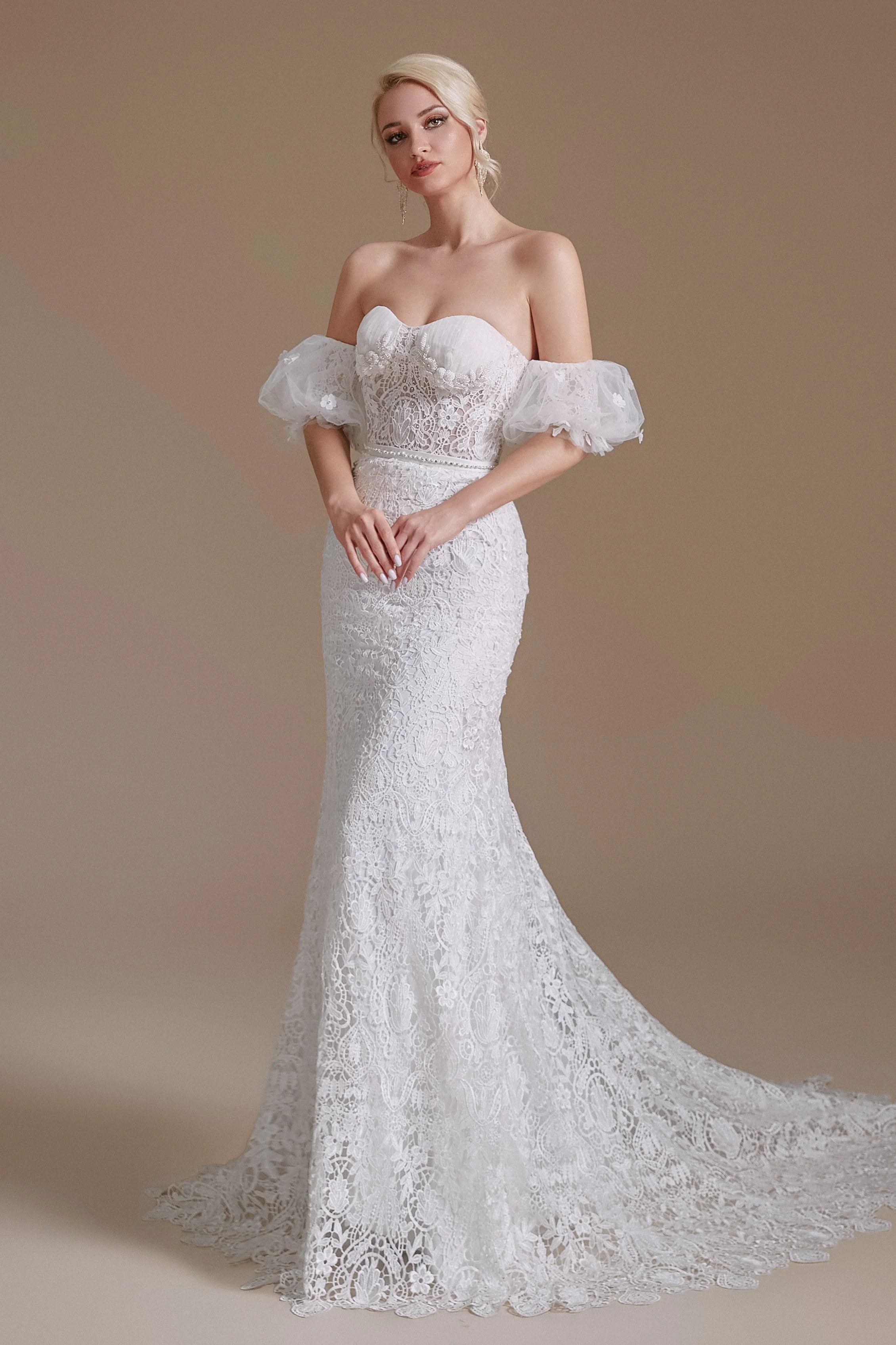 Sweetheart Detachable Bubble Sleeves Lace Mermaid Wedding Dress | Ballbella Design - Image 3