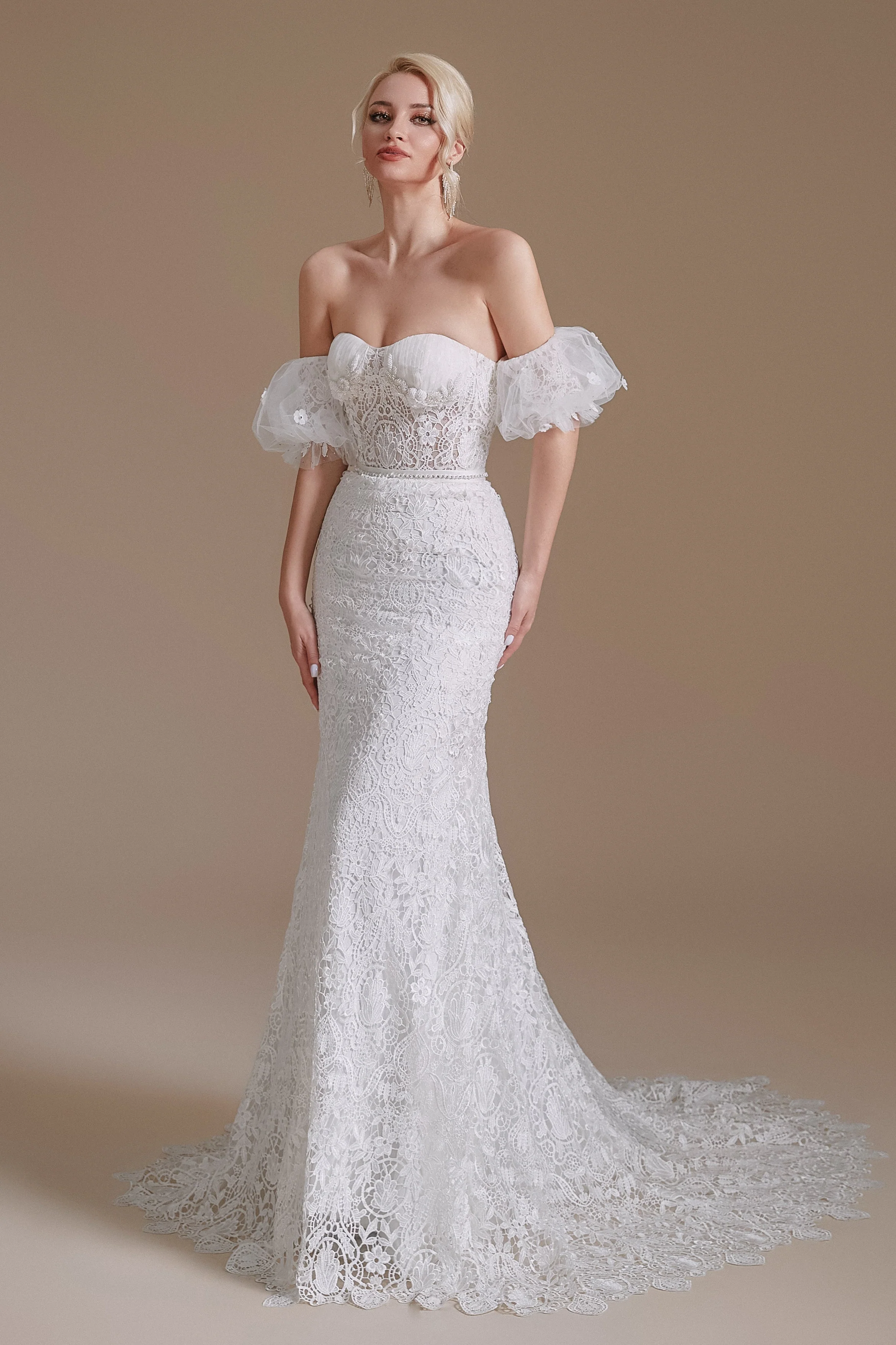Sweetheart Detachable Bubble Sleeves Lace Mermaid Wedding Dress | Ballbella Design - Image 4