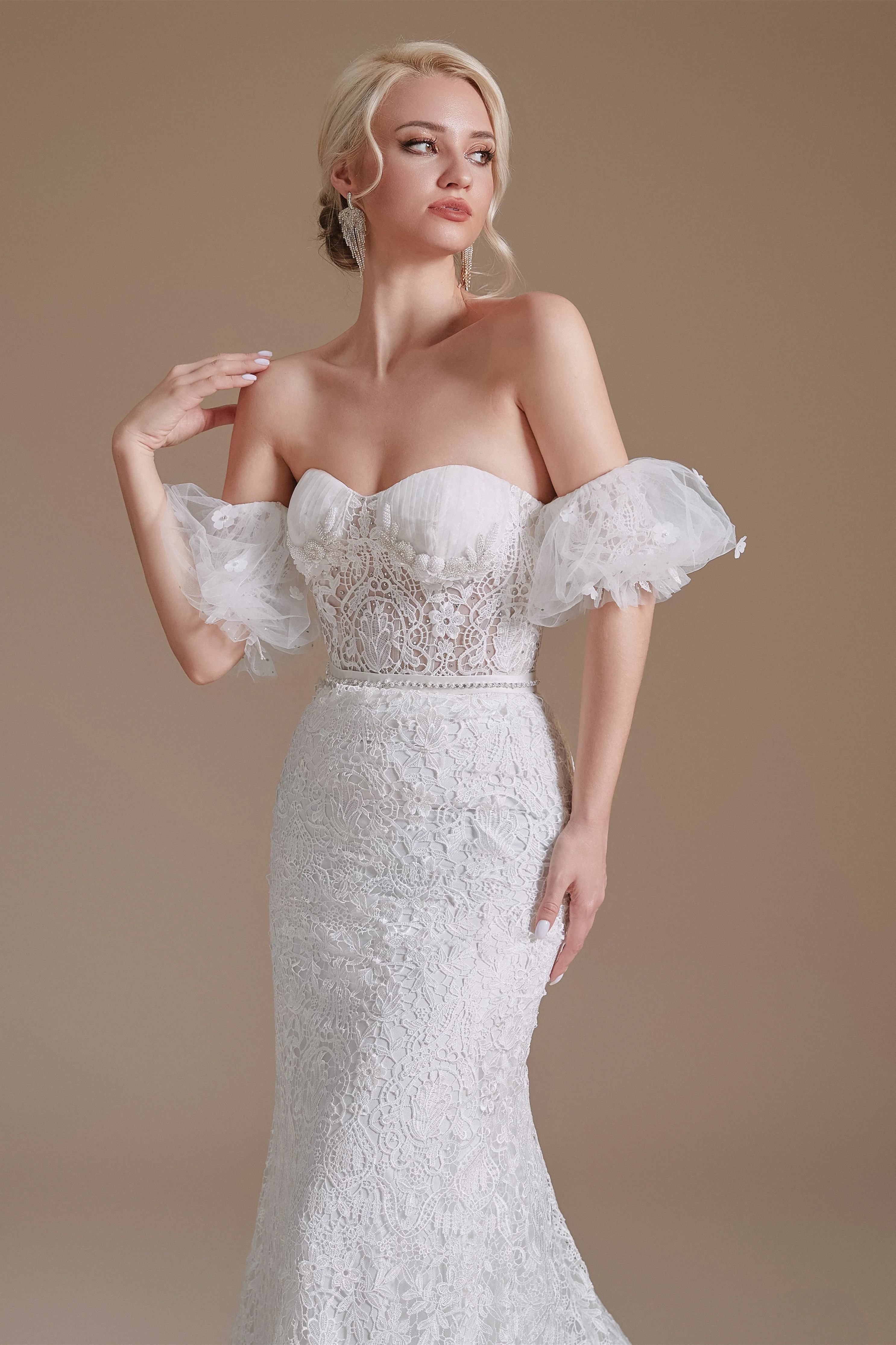 Sweetheart Detachable Bubble Sleeves Lace Mermaid Wedding Dress | Ballbella Design - Image 7