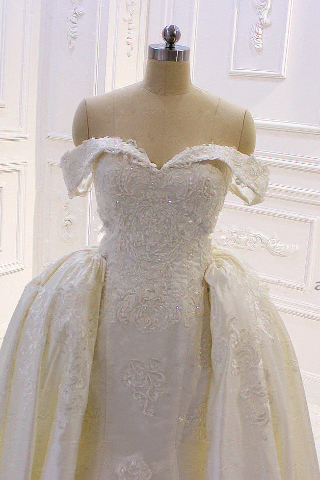 Sweetheart Lace Appliques Off the Shoulder Detachable Train Wedding Dress - Image 2