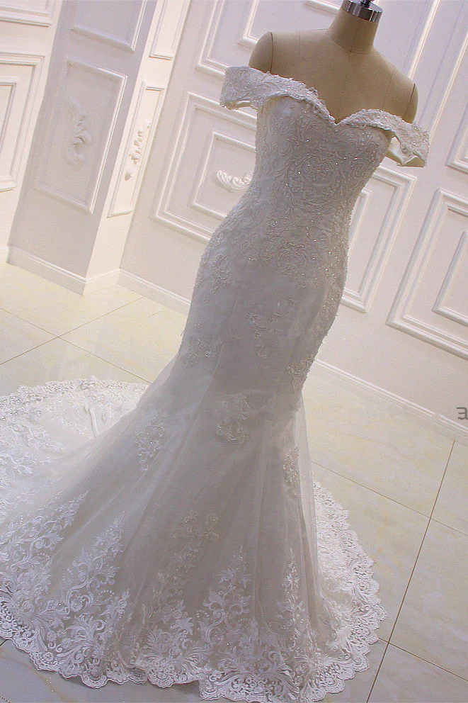 Sweetheart Lace Appliques Off the Shoulder Detachable Train Wedding Dress - Image 4