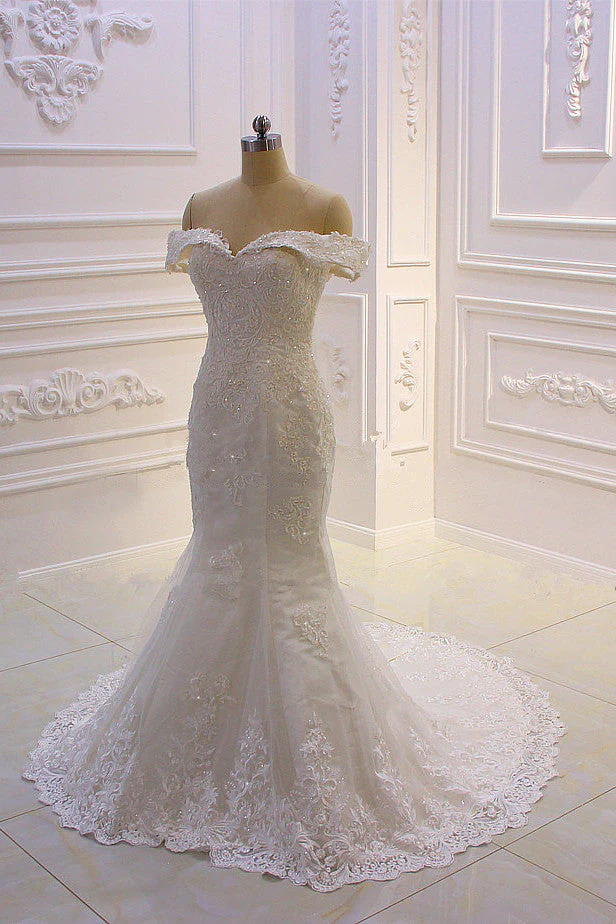 Sweetheart Lace Appliques Off the Shoulder Detachable Train Wedding Dress - Image 5