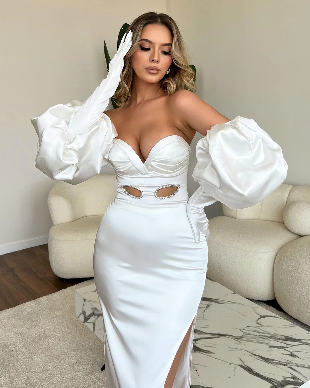 Sweetheart Long White Mermaid Split Front Fashion Prom Dress With Sleeves - Image 2