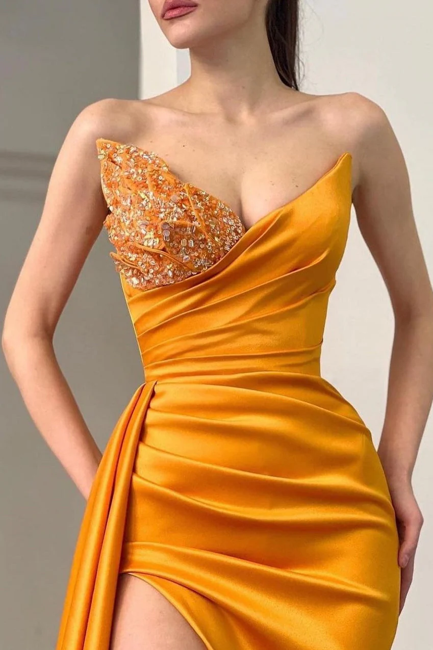 Sweetheart Orange Half-Beaded Long High Split Prom Dress with Half train - Image 2