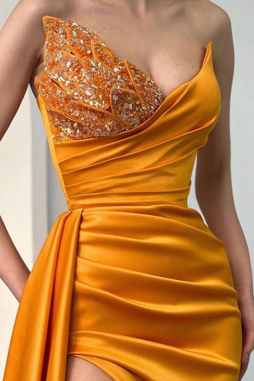 Sweetheart Orange Half-Beaded Long High Split Prom Dress with Half train - Image 4