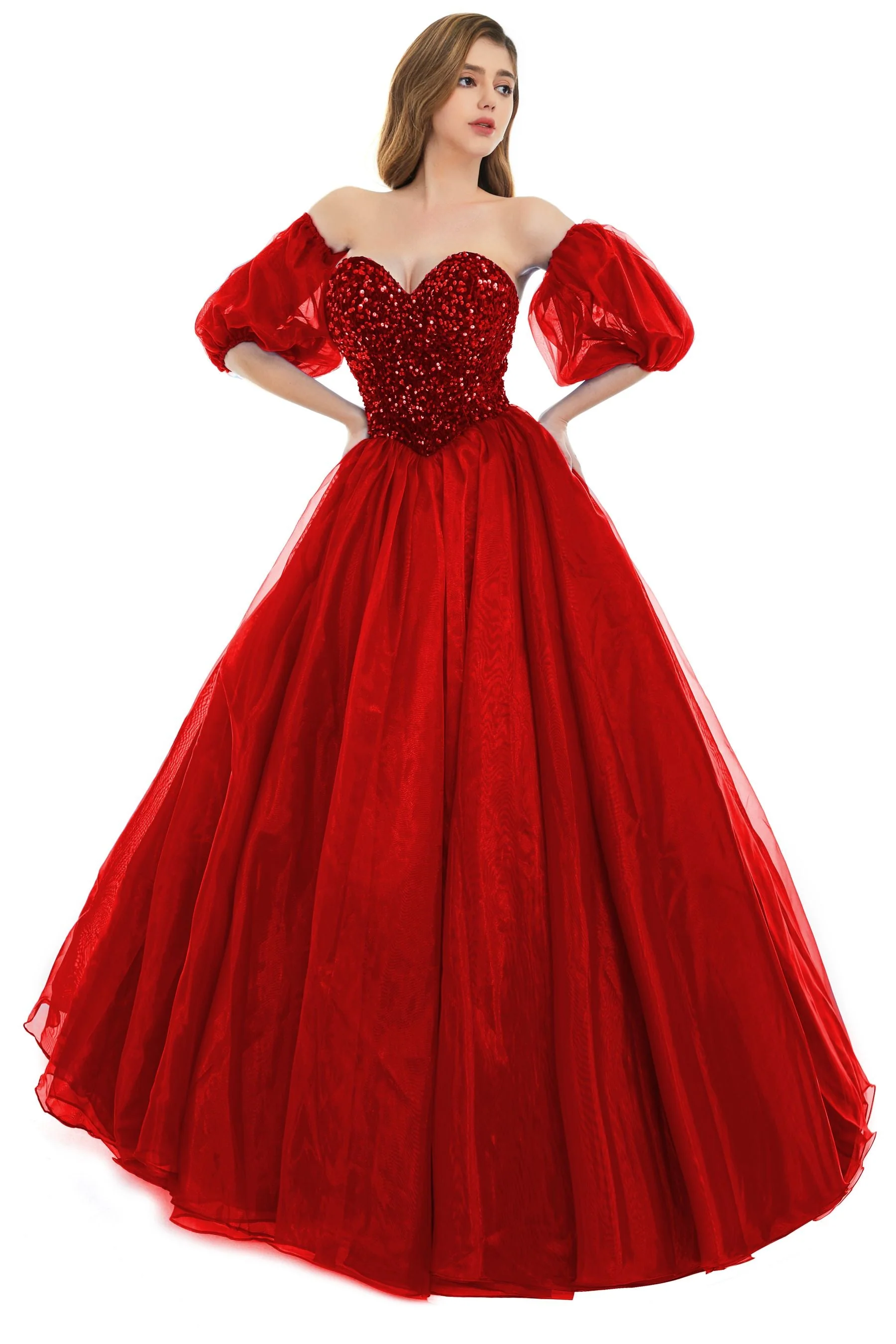 Sweetheart Royal Blue Bubble Sleeves Ball Gown Beaded Prom Dresses - Image 10
