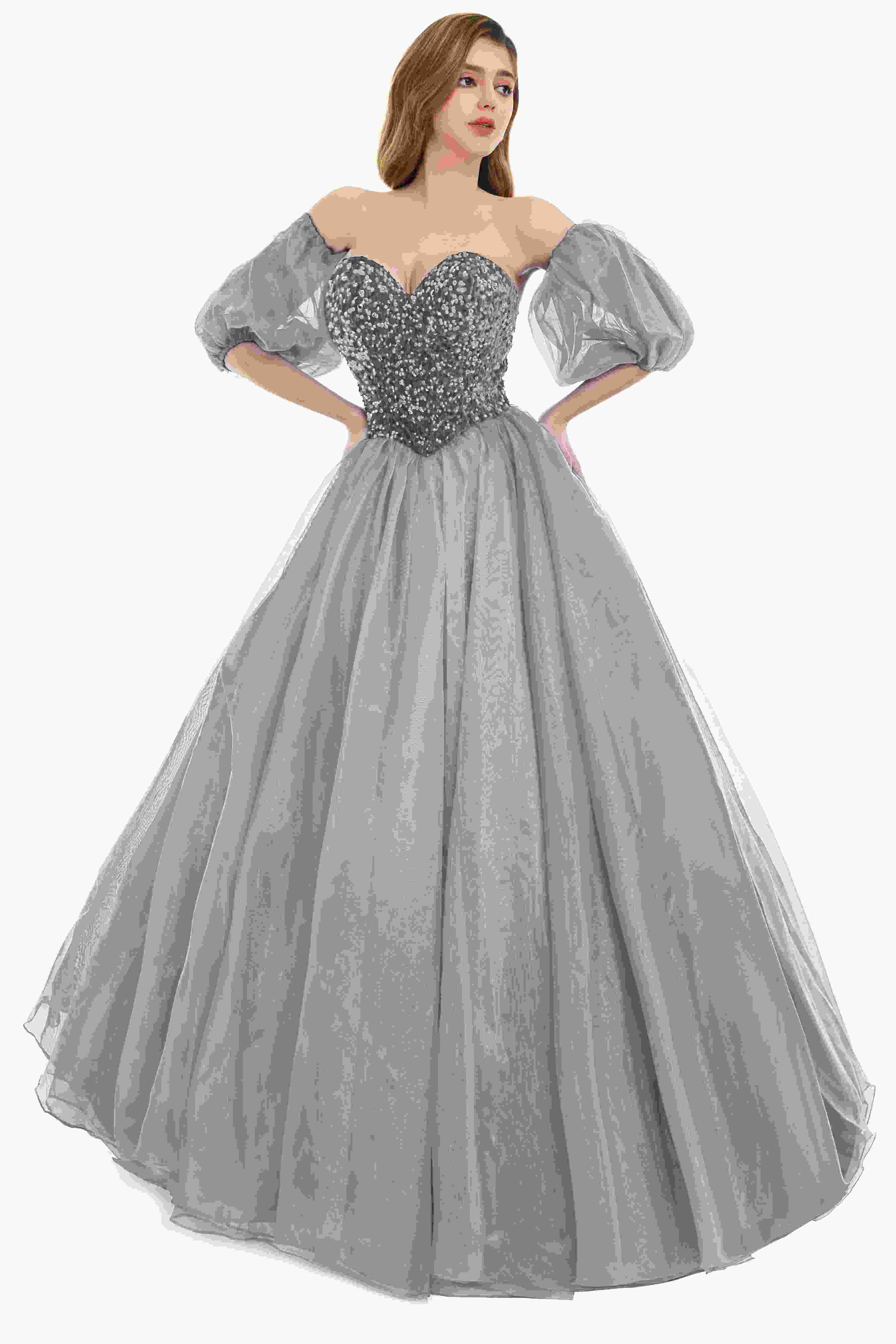 Sweetheart Royal Blue Bubble Sleeves Ball Gown Beaded Prom Dresses - Image 11