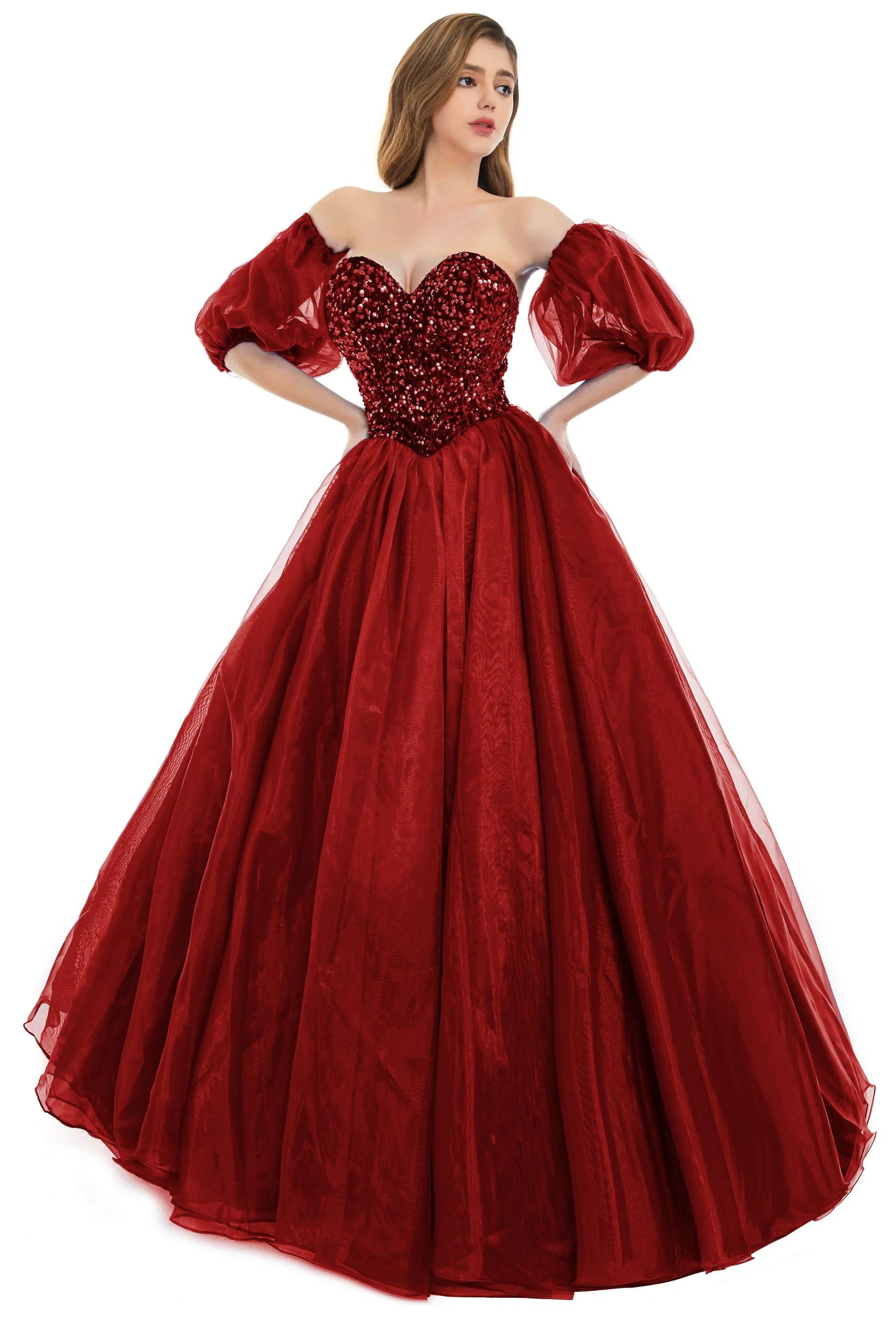 Sweetheart Royal Blue Bubble Sleeves Ball Gown Beaded Prom Dresses - Image 12