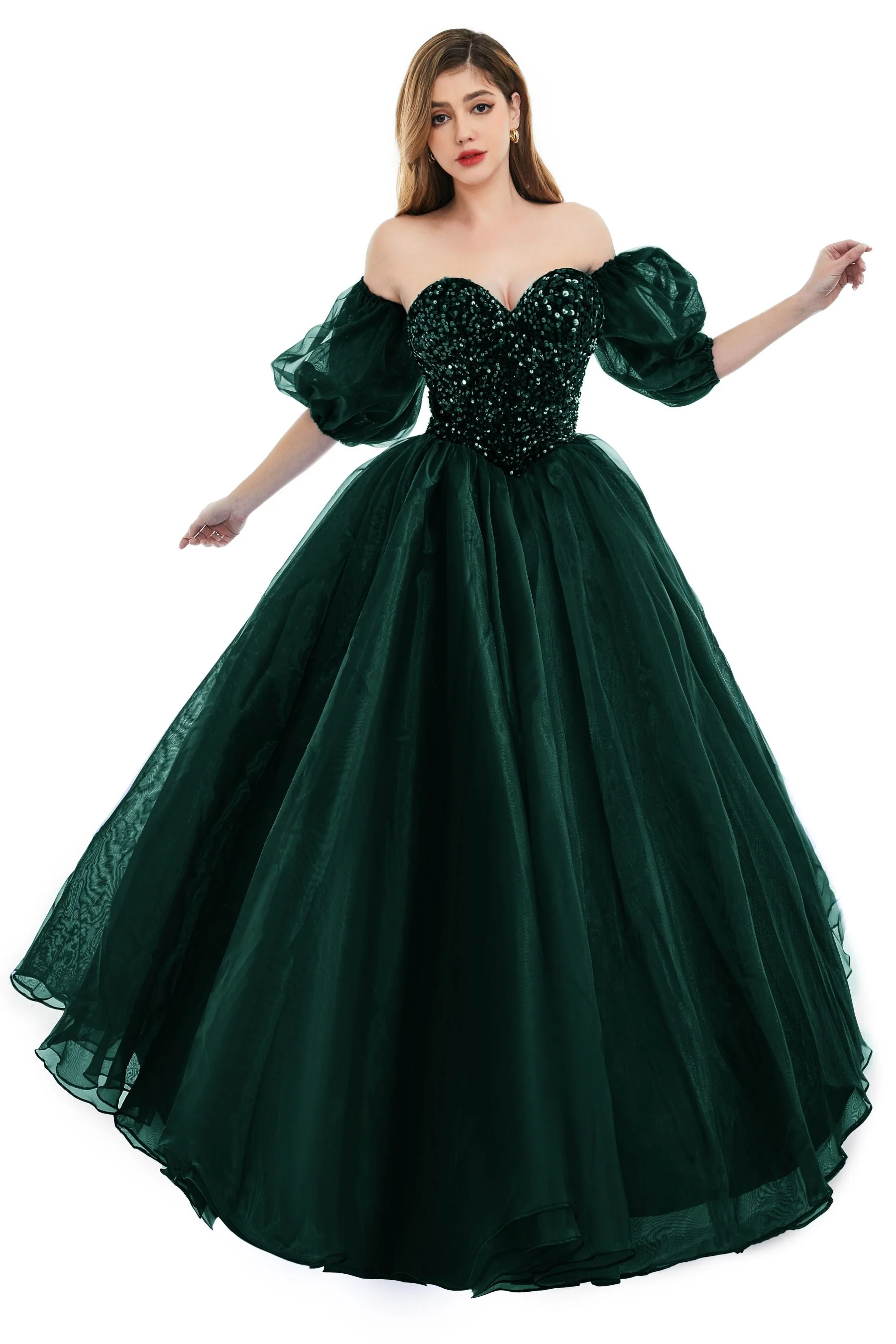 Sweetheart Royal Blue Bubble Sleeves Ball Gown Beaded Prom Dresses - Image 13