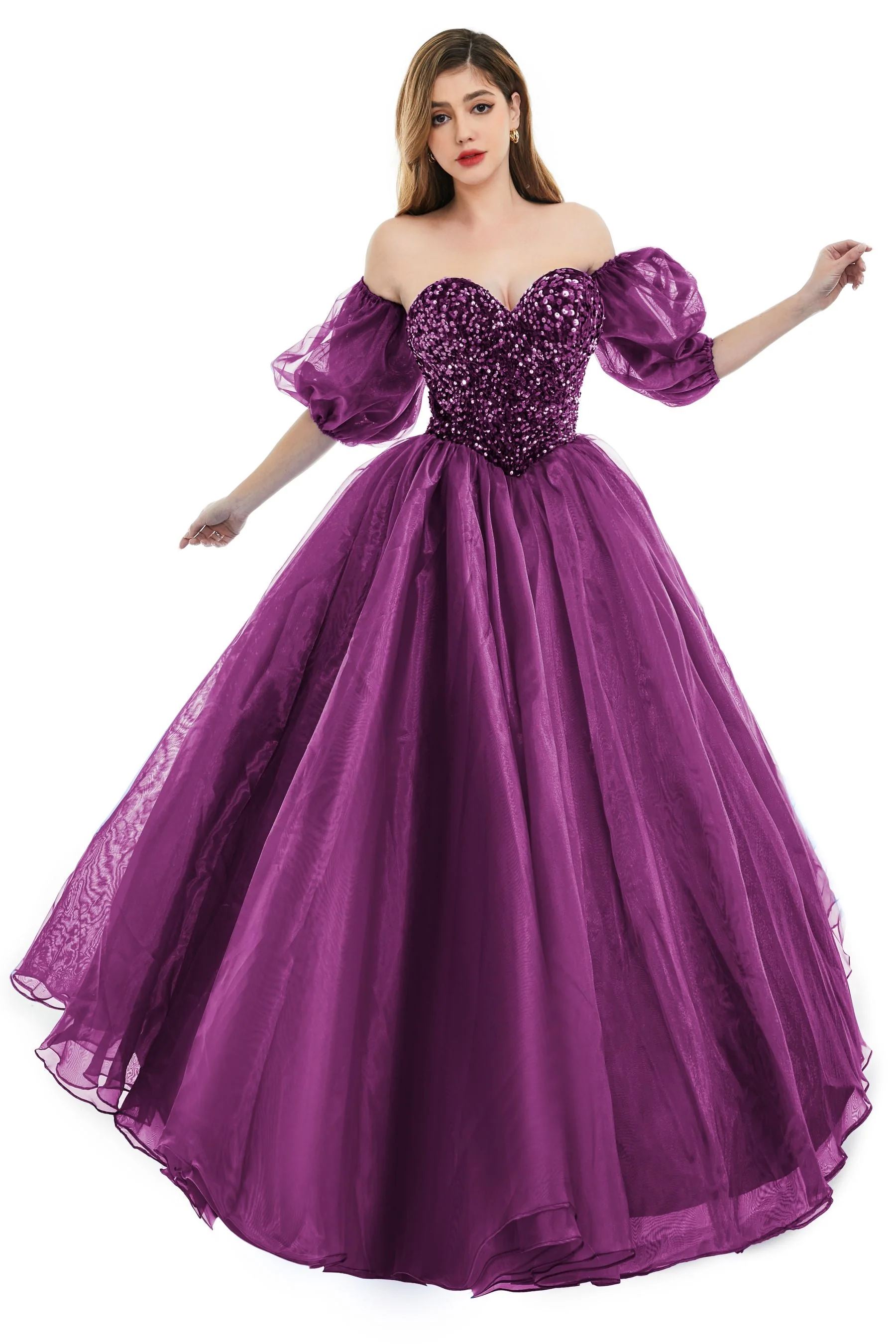 Sweetheart Royal Blue Bubble Sleeves Ball Gown Beaded Prom Dresses - Image 14