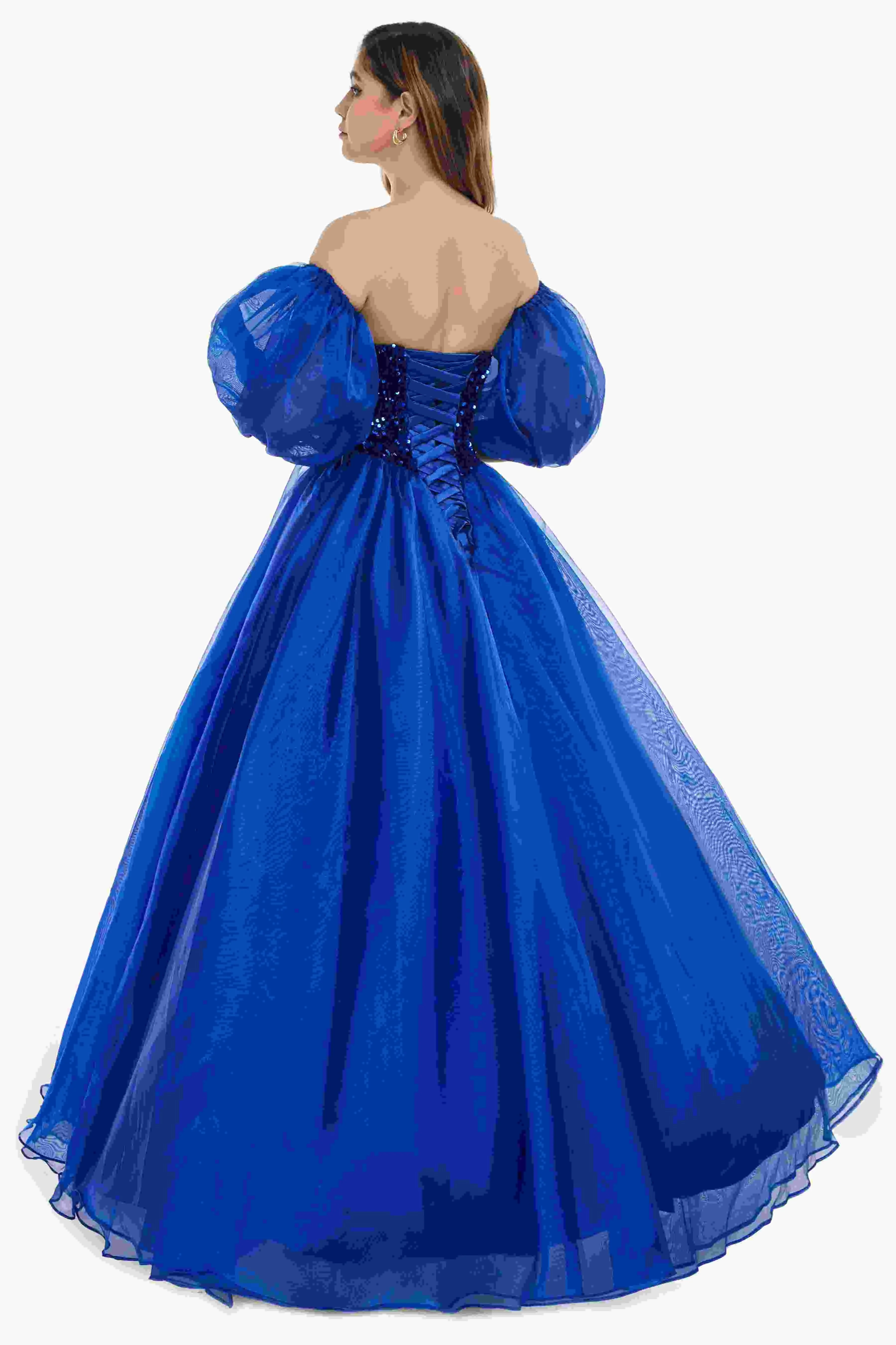 Sweetheart Royal Blue Bubble Sleeves Ball Gown Beaded Prom Dresses - Image 2