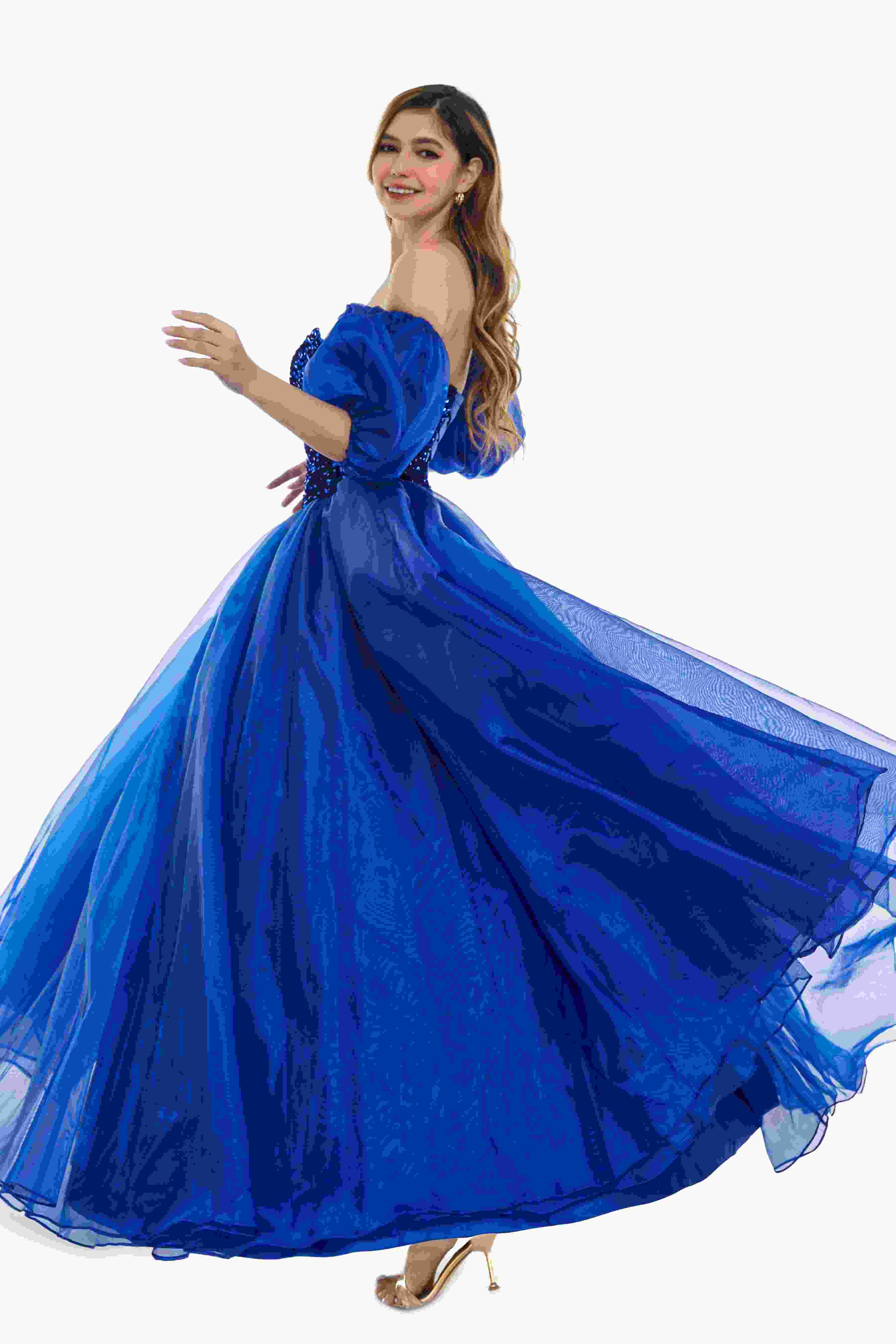 Sweetheart Royal Blue Bubble Sleeves Ball Gown Beaded Prom Dresses - Image 3