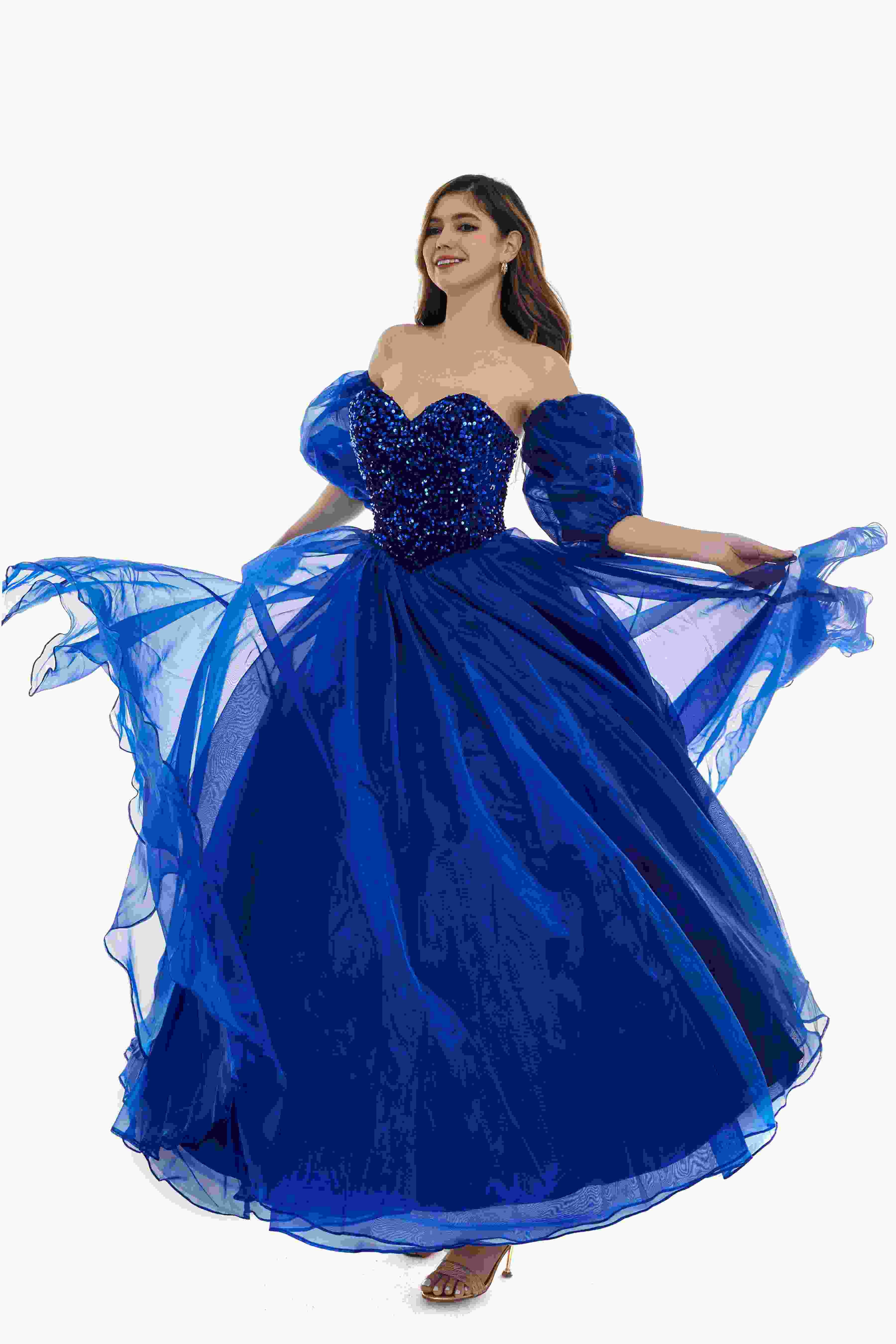 Sweetheart Royal Blue Bubble Sleeves Ball Gown Beaded Prom Dresses - Image 4