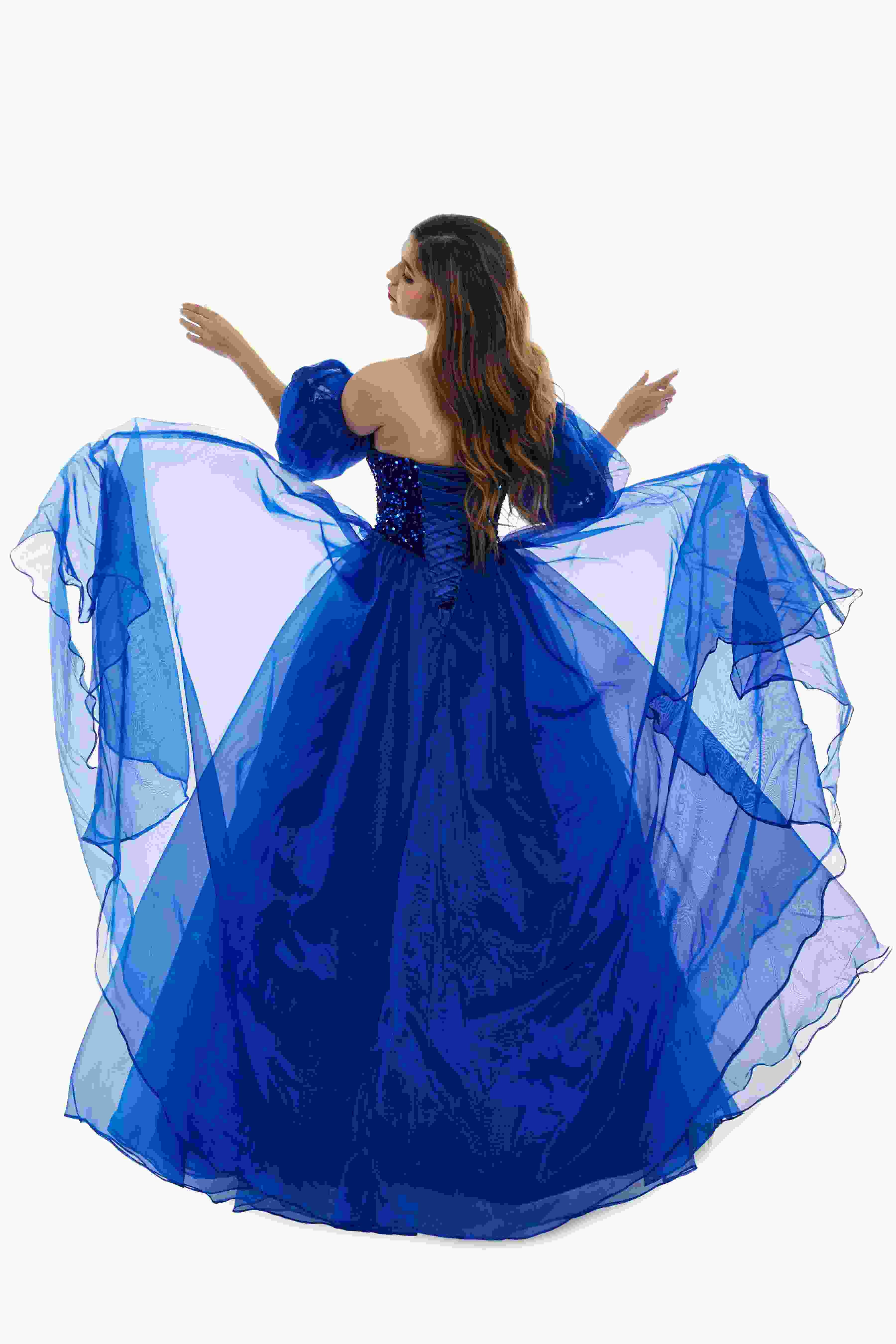 Sweetheart Royal Blue Bubble Sleeves Ball Gown Beaded Prom Dresses - Image 5