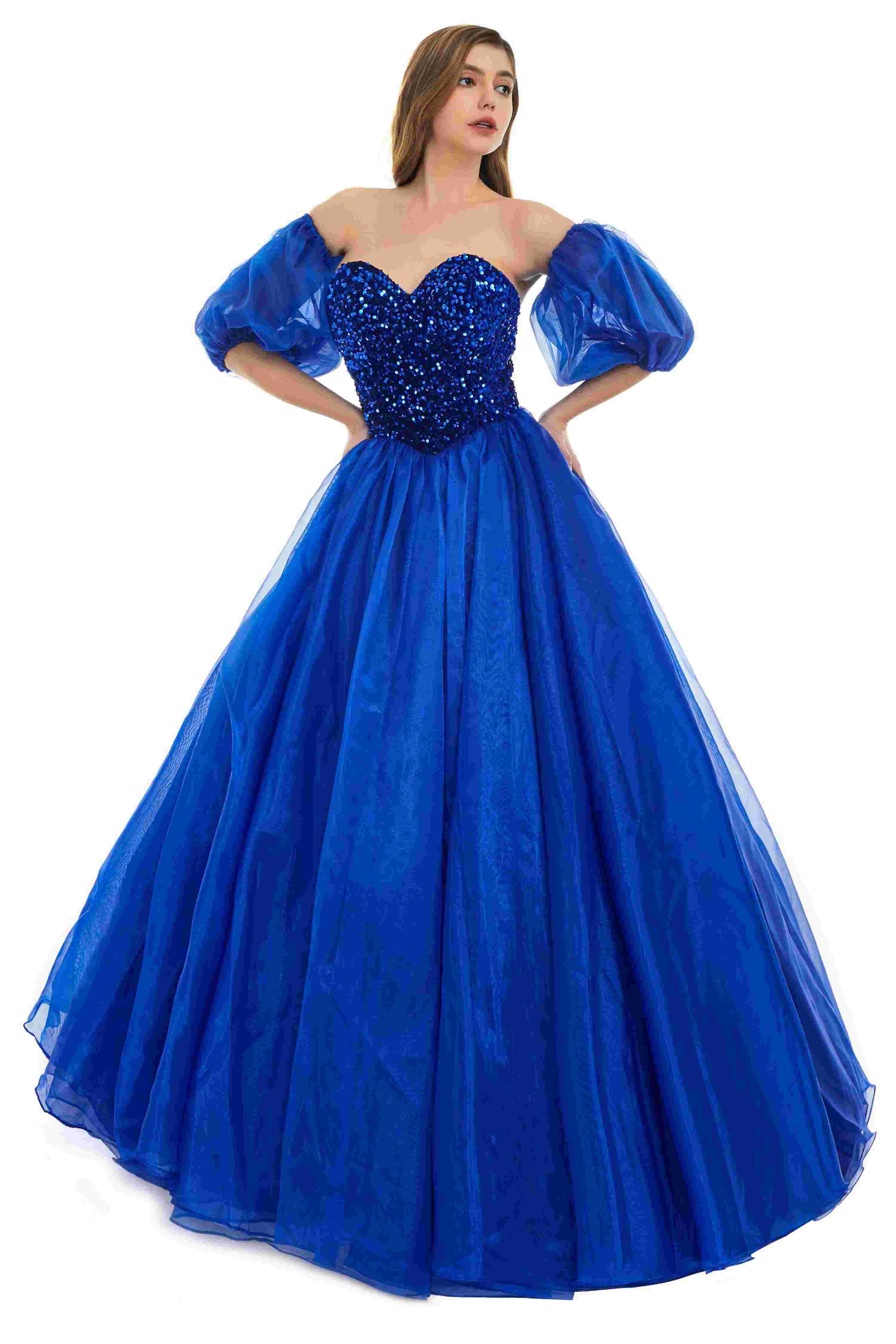 Sweetheart Royal Blue Bubble Sleeves Ball Gown Beaded Prom Dresses - Image 6