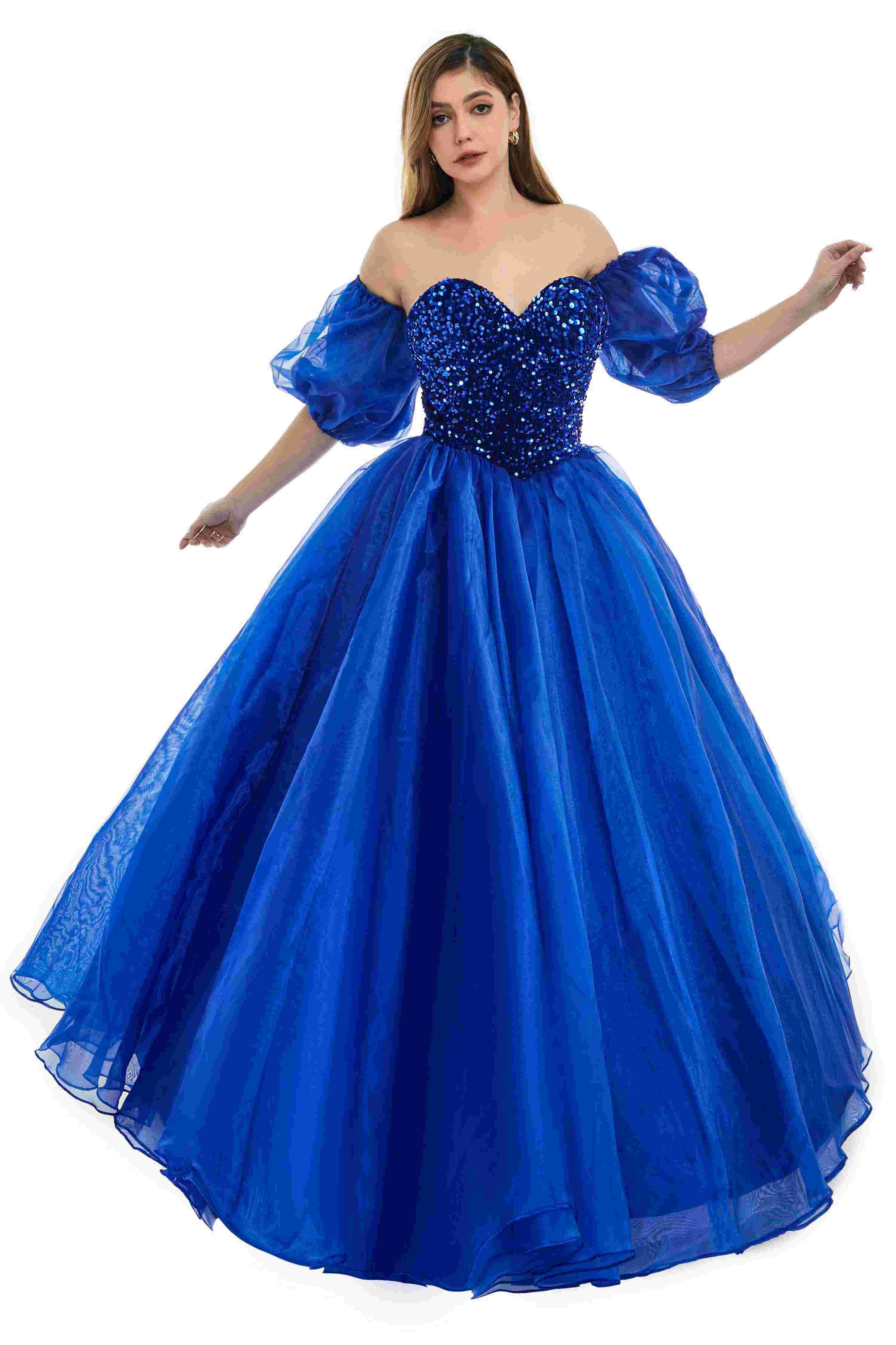 Sweetheart Royal Blue Bubble Sleeves Ball Gown Beaded Prom Dresses - Image 7