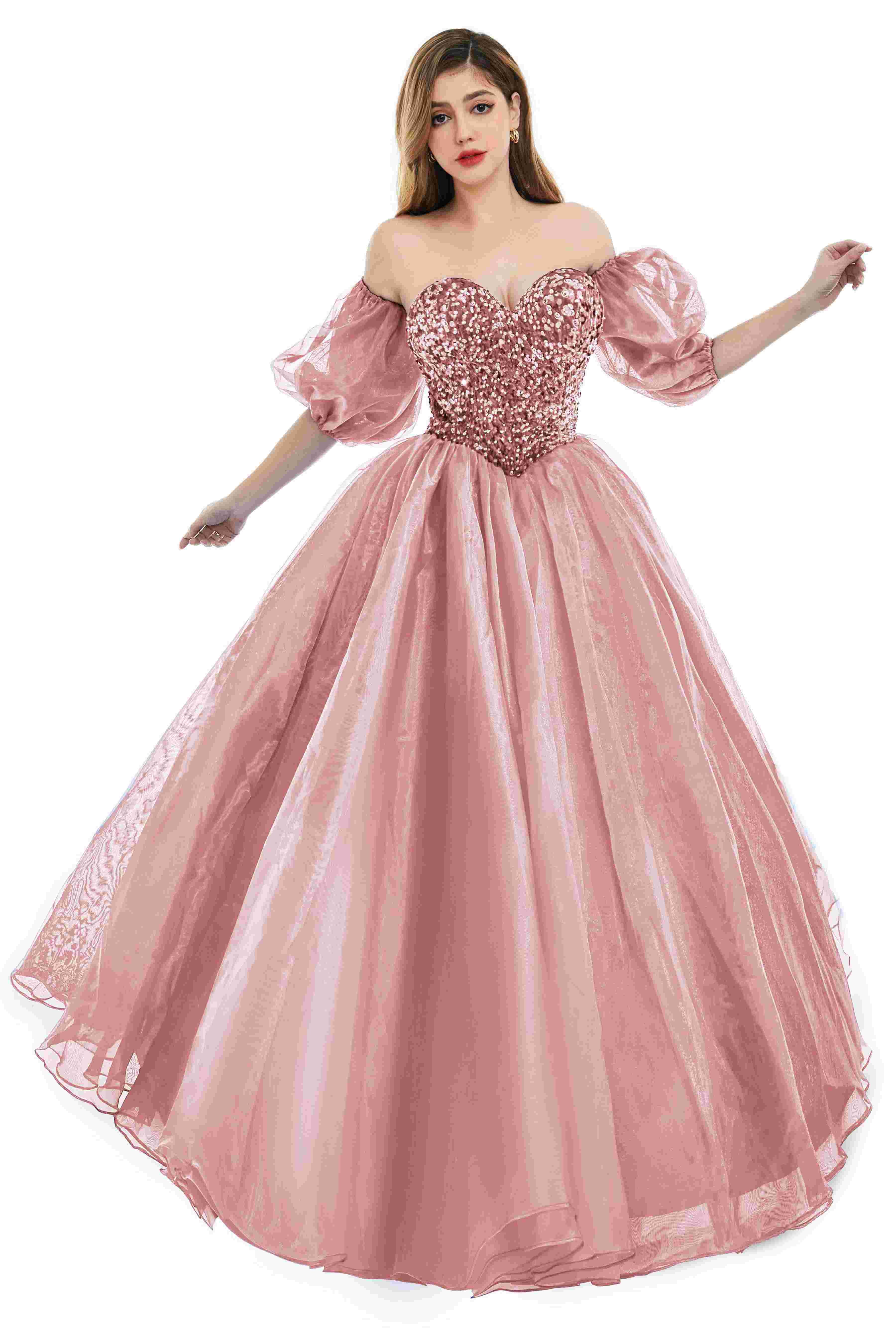 Sweetheart Royal Blue Bubble Sleeves Ball Gown Beaded Prom Dresses - Image 8