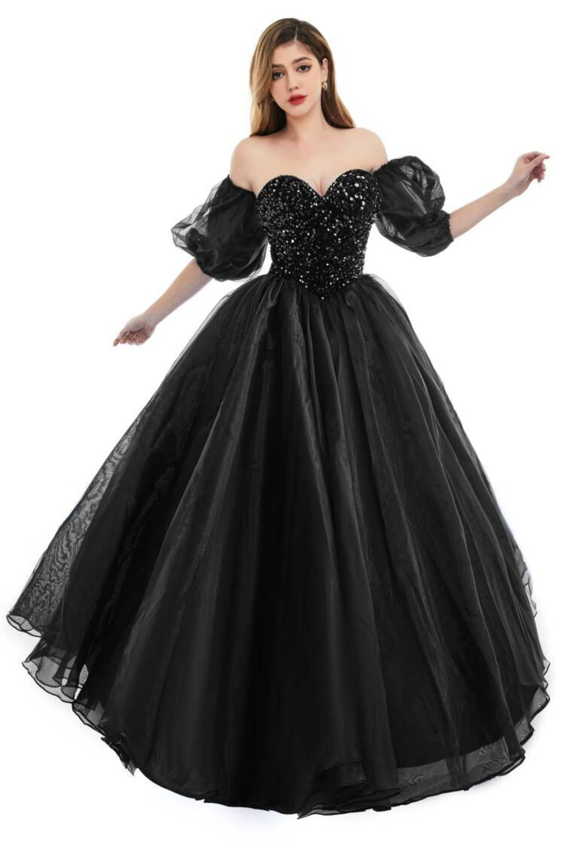 Sweetheart Royal Blue Bubble Sleeves Ball Gown Beaded Prom Dresses - Image 9