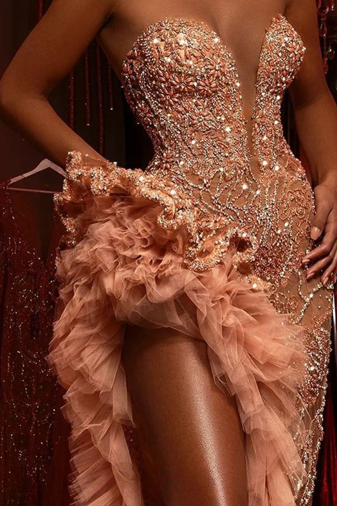 Sweetheart Ruffles Sparkle Beaded High Split Mermaid Prom Dresses - Image 3