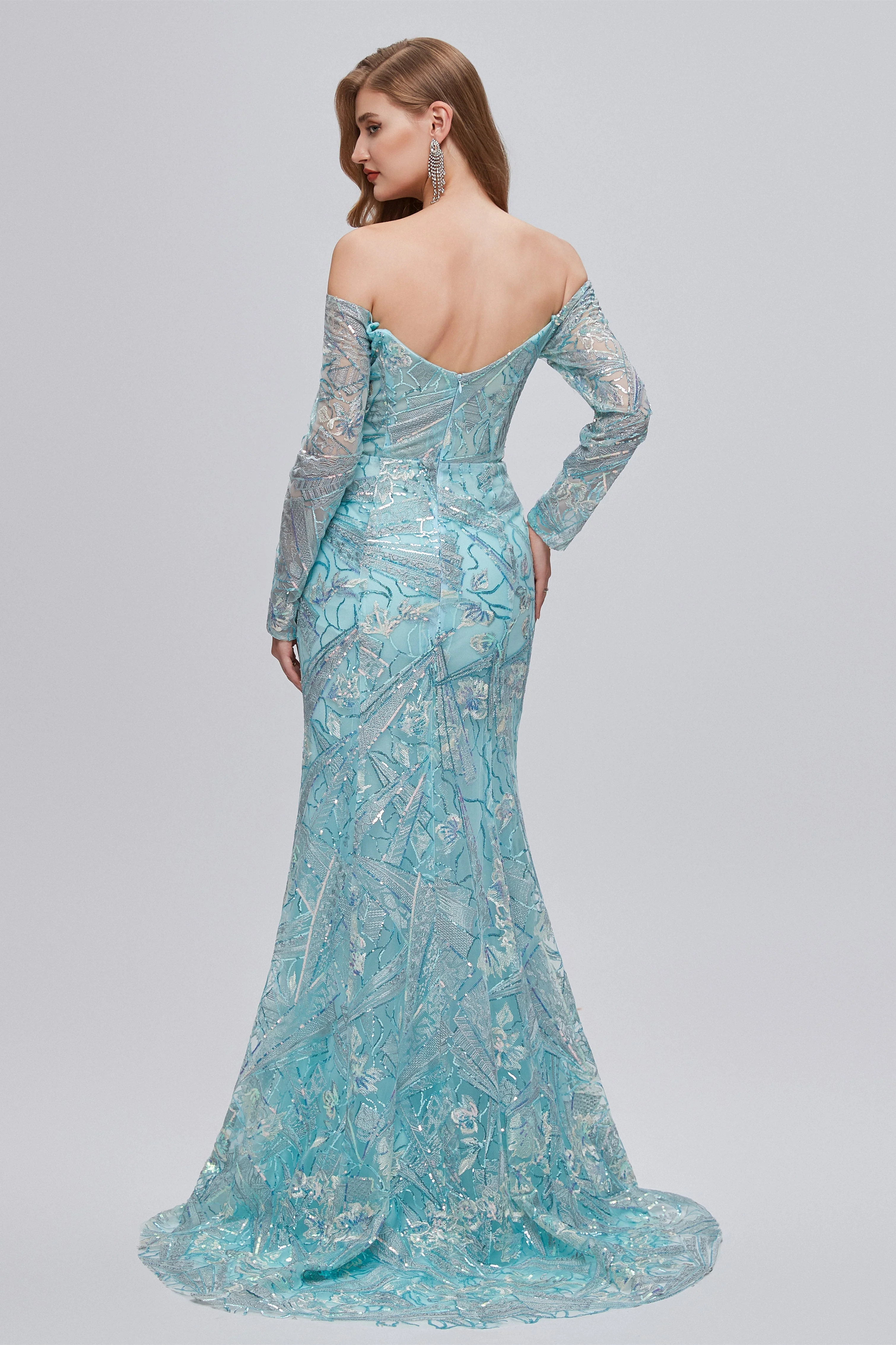 Sweetheart Strapless Lace Sequined Floor-length Long Sleeve Open Back Mermaid Prom Dress - Image 2
