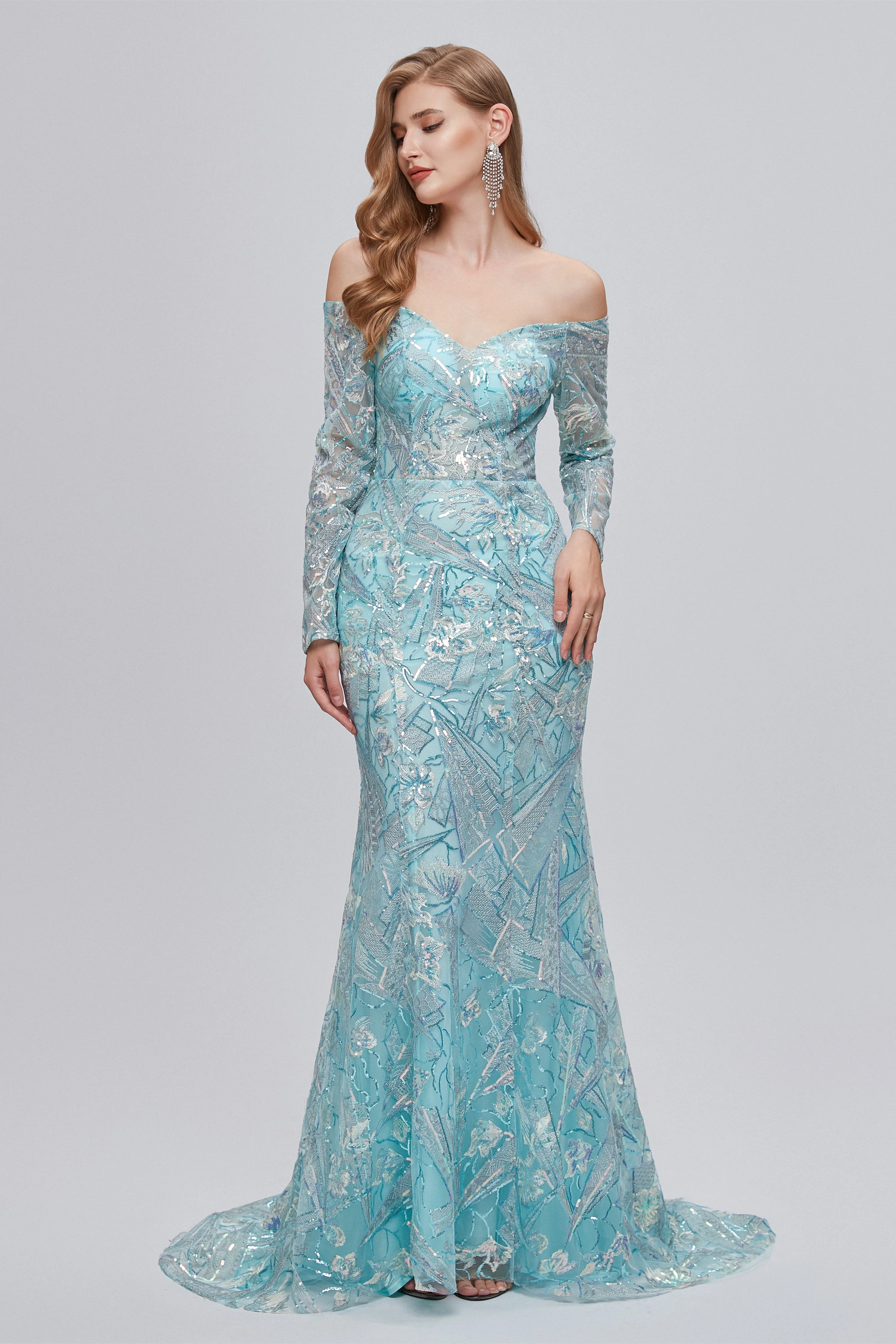 Sweetheart Strapless Lace Sequined Floor-length Long Sleeve Open Back Mermaid Prom Dress - Image 3