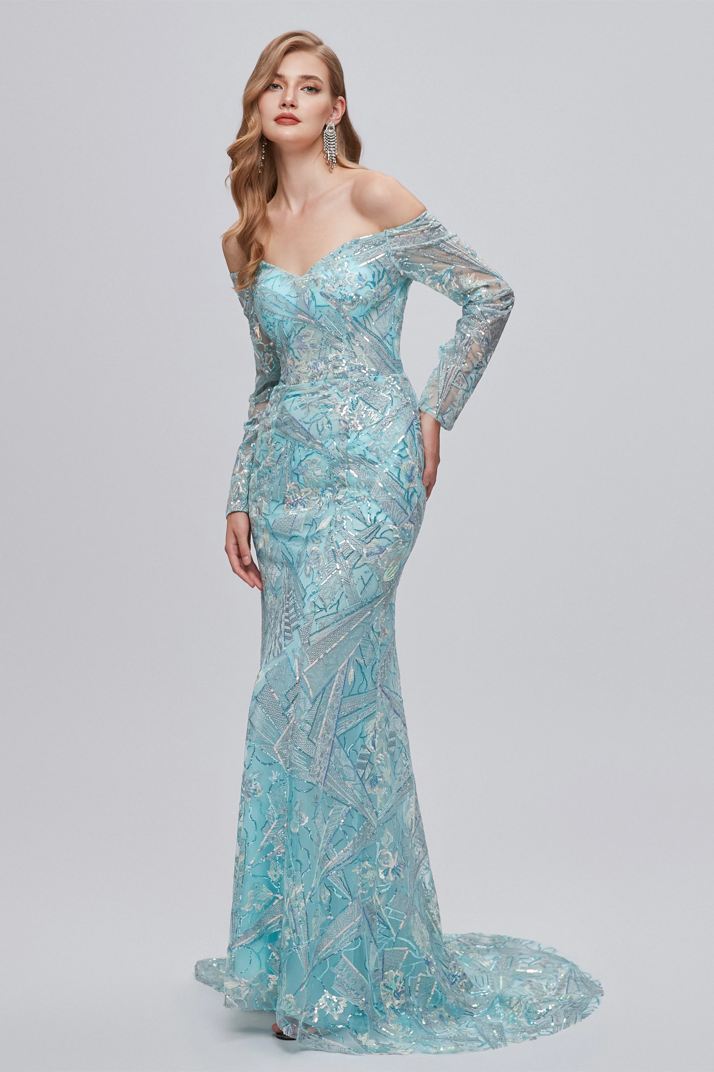 Sweetheart Strapless Lace Sequined Floor-length Long Sleeve Open Back Mermaid Prom Dress - Image 4