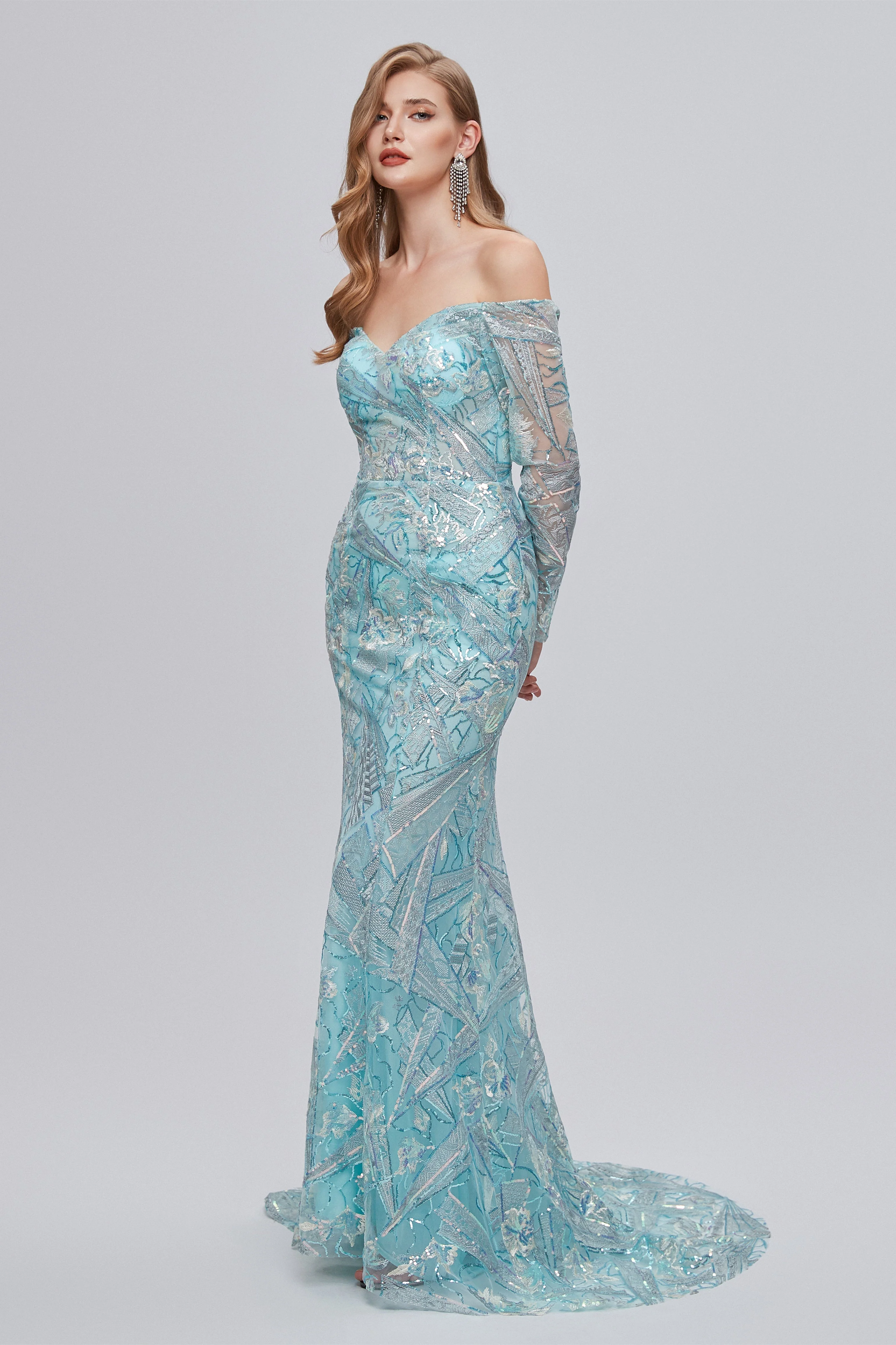 Sweetheart Strapless Lace Sequined Floor-length Long Sleeve Open Back Mermaid Prom Dress - Image 5