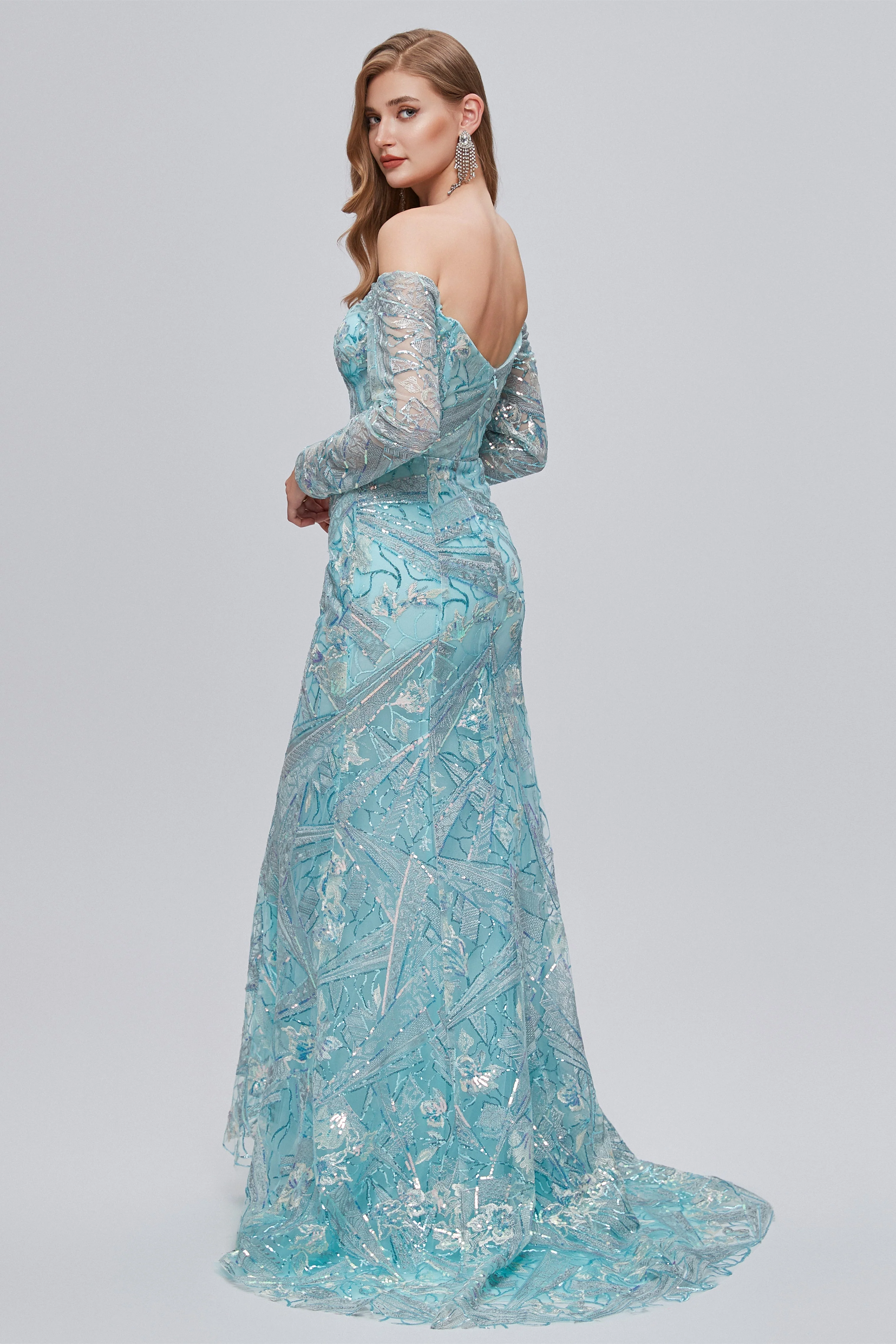 Sweetheart Strapless Lace Sequined Floor-length Long Sleeve Open Back Mermaid Prom Dress - Image 6