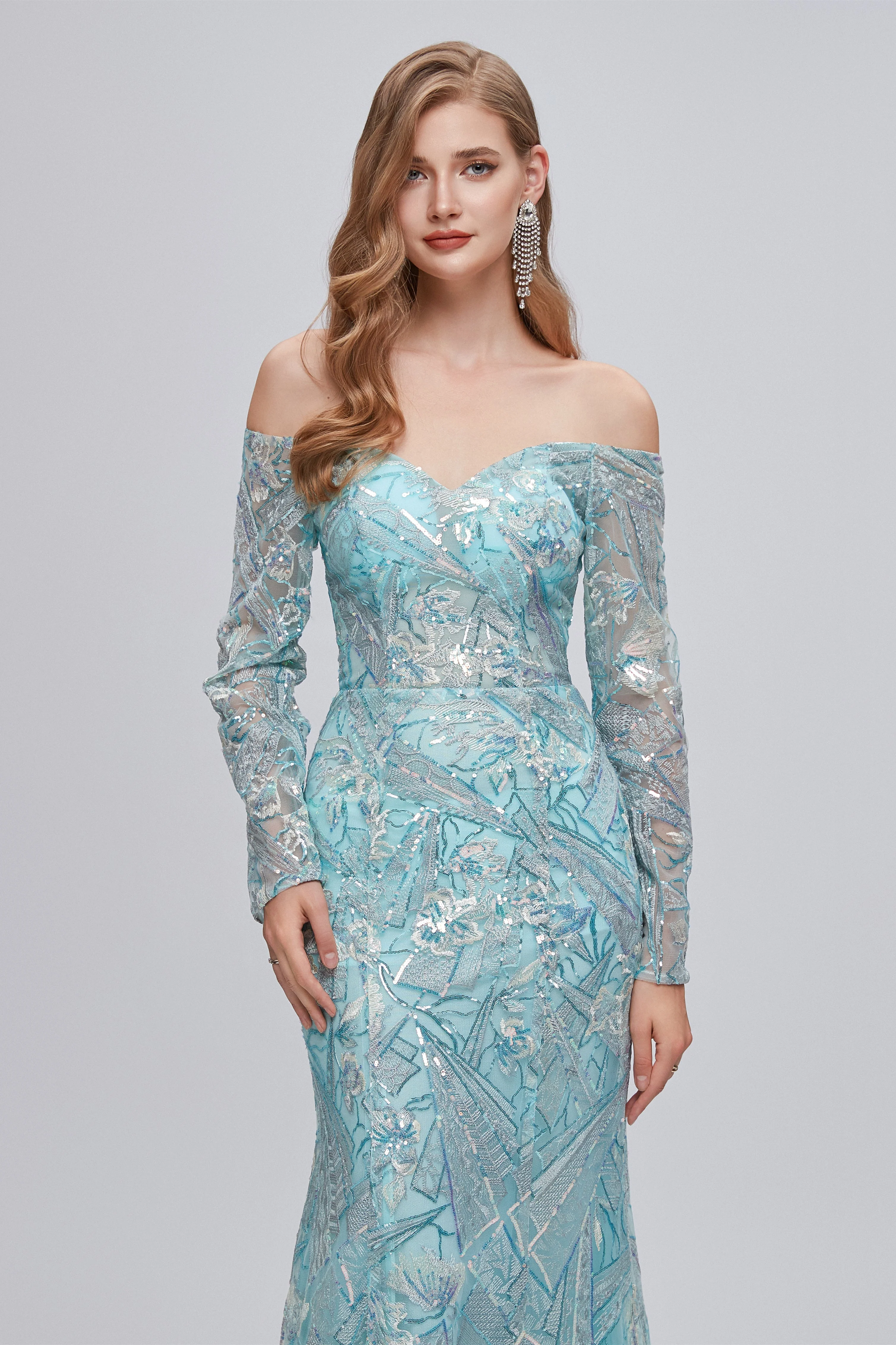Sweetheart Strapless Lace Sequined Floor-length Long Sleeve Open Back Mermaid Prom Dress - Image 7