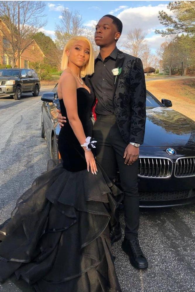Sweetheart Strapless Ruffled Tulle Black Mermaid Prom Dresses - Image 2