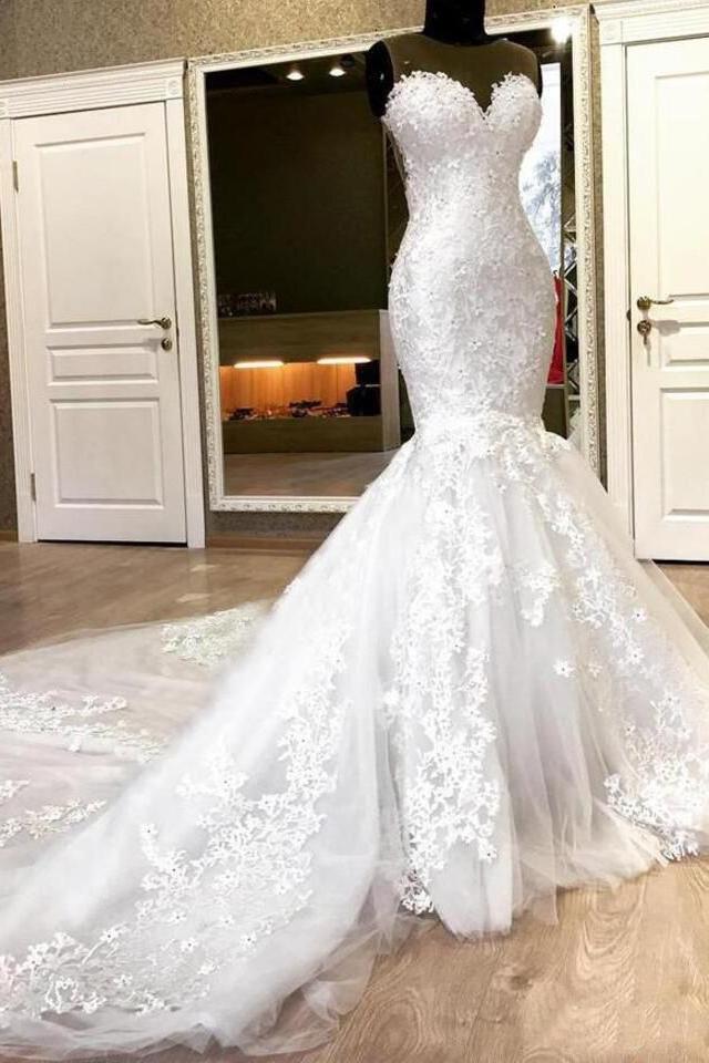 Sweetheart White Illusion neck Mermaid Beaded Lace Wedding Dress - Image 2