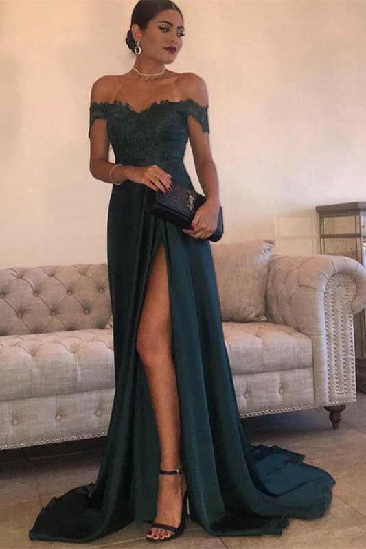 THERESA A-line Floor Length Split Off-the-Shoulder Lace Prom Dresses - Image 2