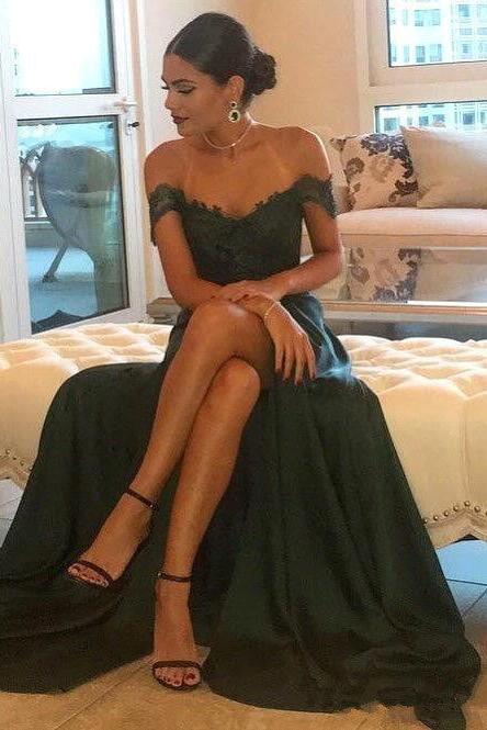 THERESA A-line Floor Length Split Off-the-Shoulder Lace Prom Dresses - Image 3