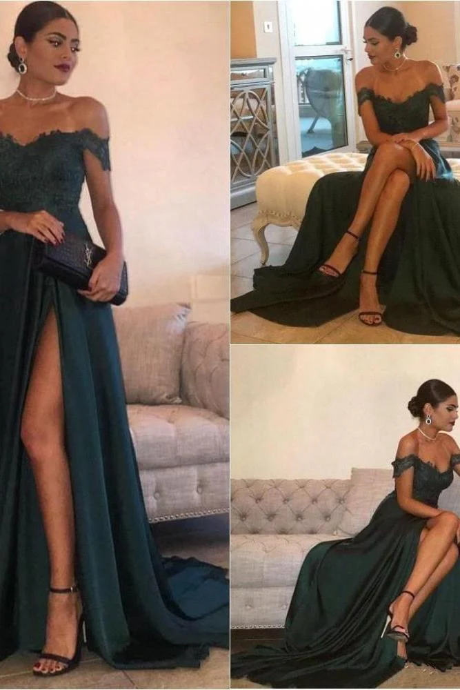 THERESA A-line Floor Length Split Off-the-Shoulder Lace Prom Dresses - Image 4