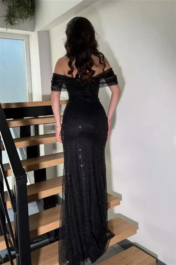 Timeless Black Off-The-Shoulder Sequins Prom Dress Mermaid Column With Zipper - Image 2