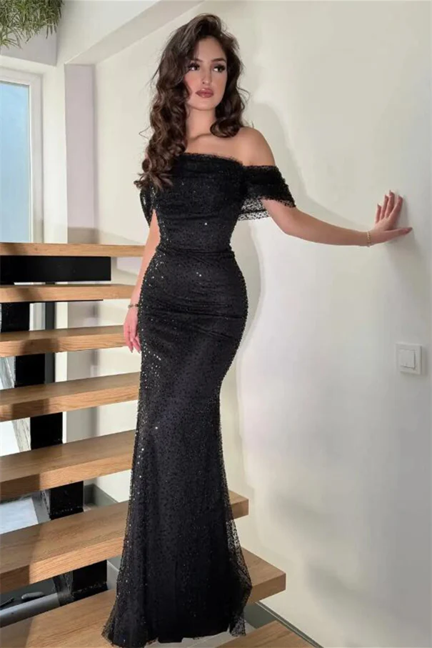 Timeless Black Off-The-Shoulder Sequins Prom Dress Mermaid Column With Zipper - Image 4