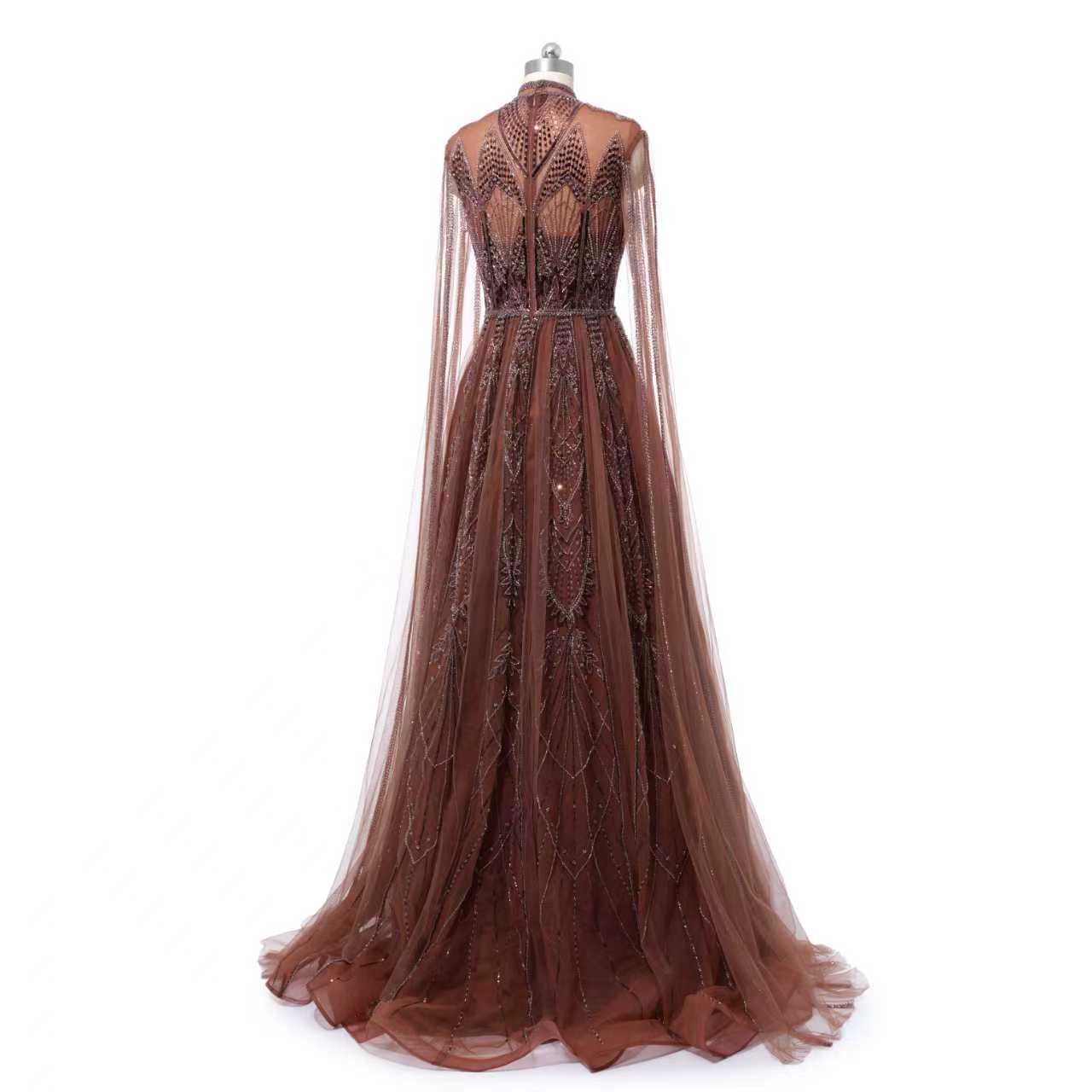 Timeless Chocolate High Collar Long Sleeves Tulle Prom Dresses A-Line With Beads Pleats - Image 2